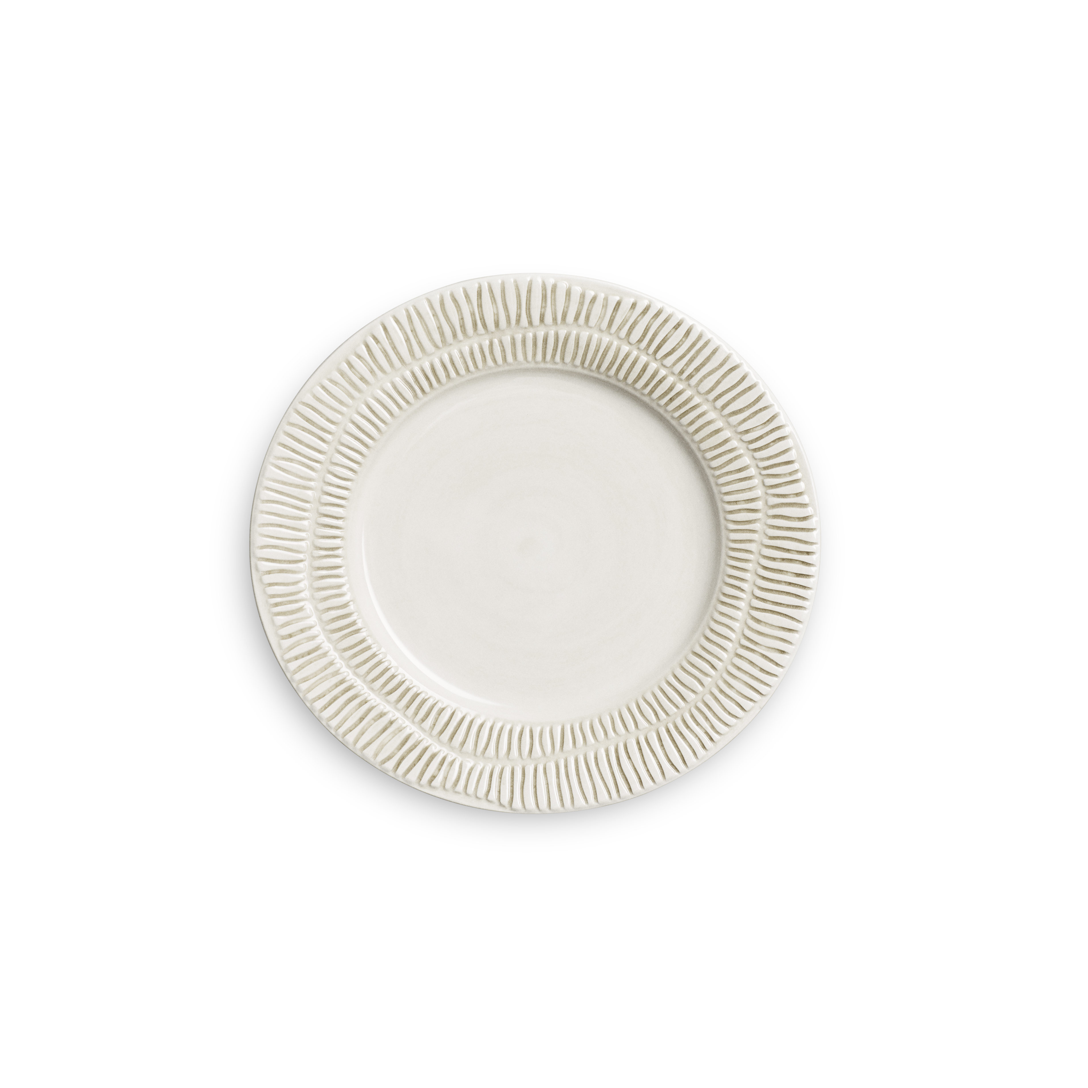 White ceramic plate with textured rim on a white background