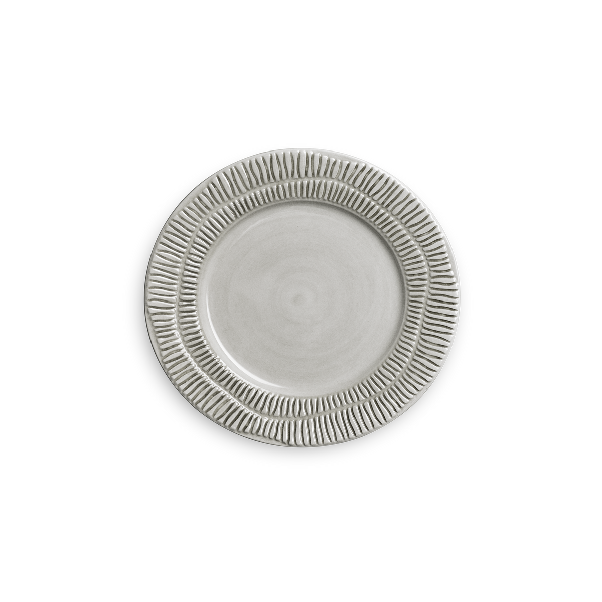 Gray ceramic plate with textured rim on a white background