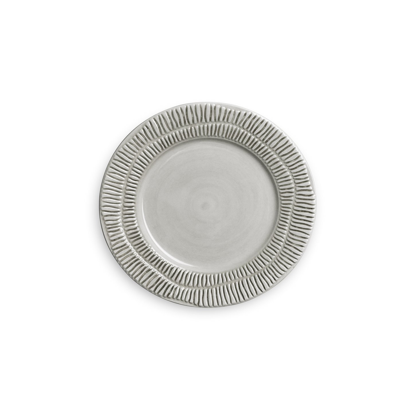Gray ceramic plate with textured rim on a white background