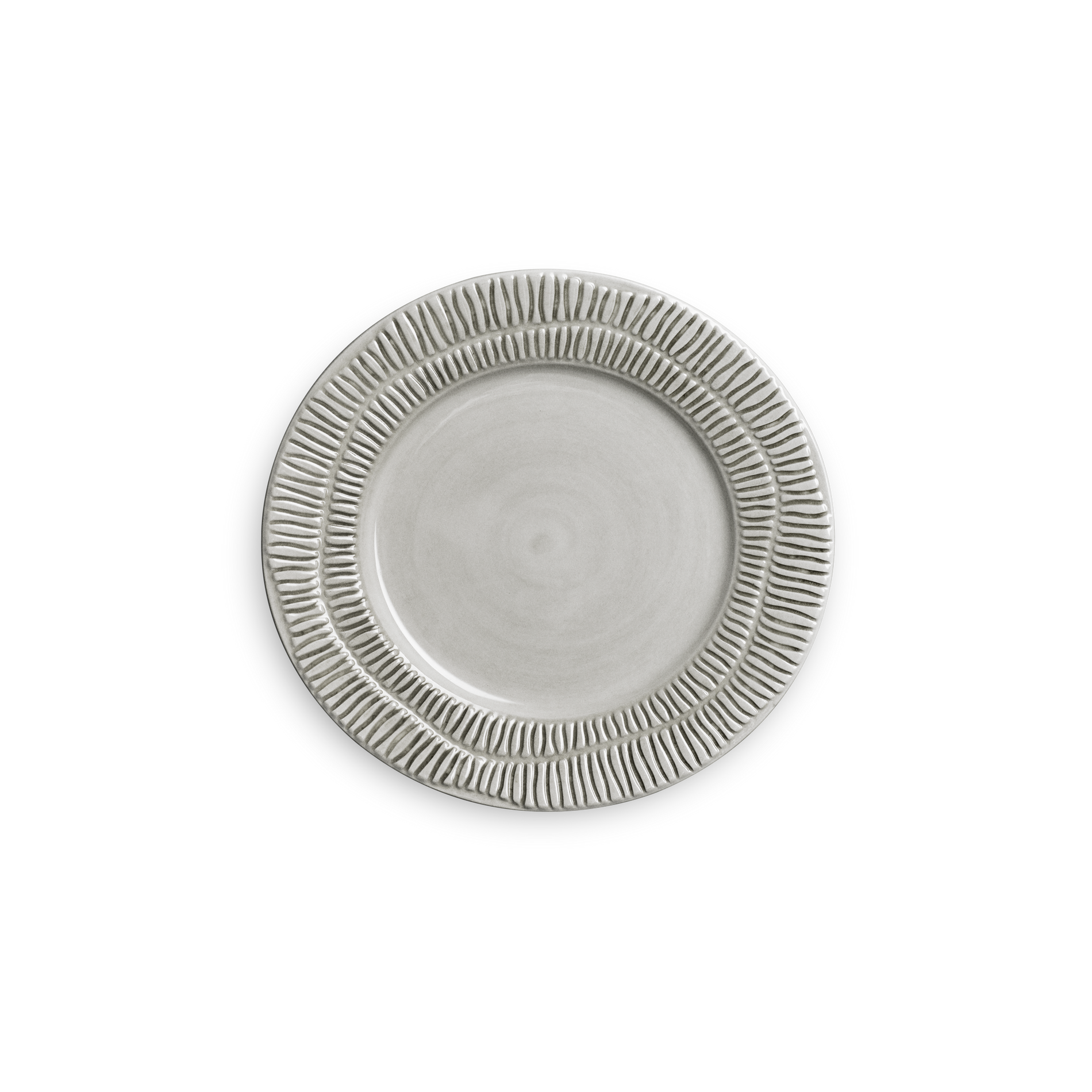Gray ceramic plate with textured rim on a white background