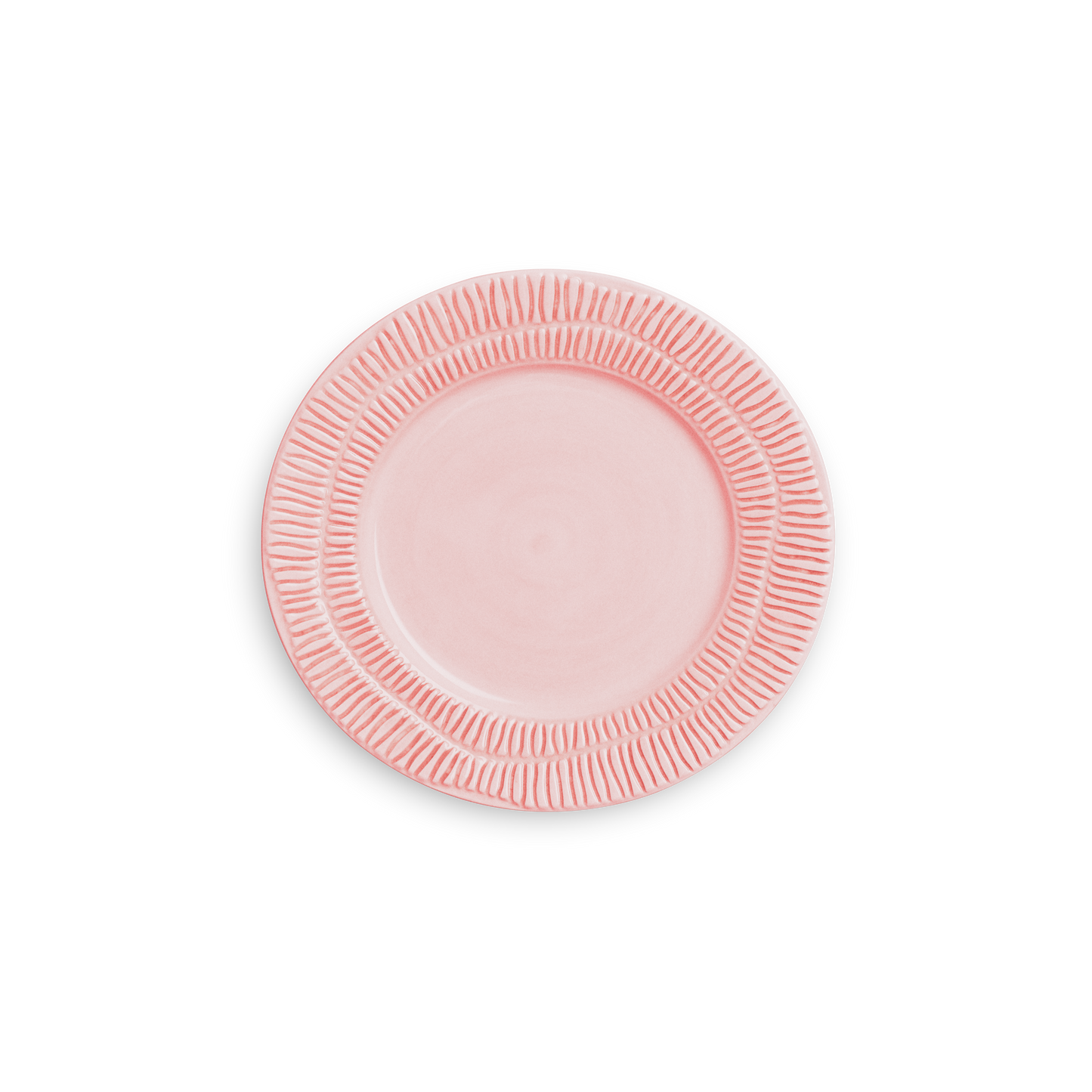 Pink ceramic plate with decorative rim on a white background