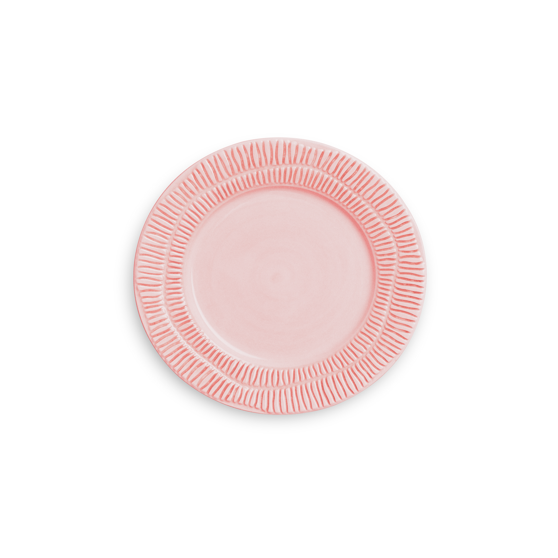 Pink ceramic plate with decorative rim on a white background