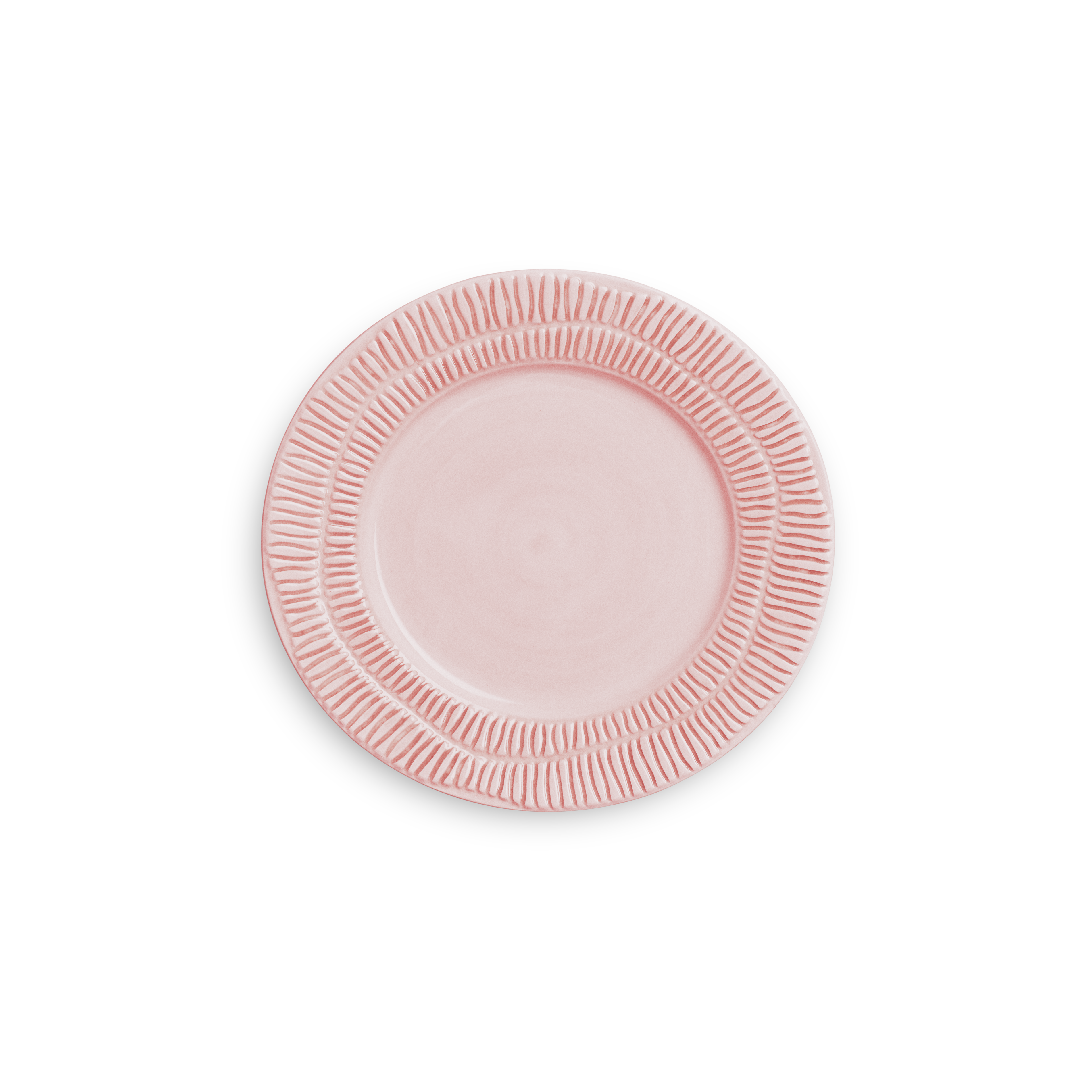 Pink ceramic plate with decorative rim on a white background