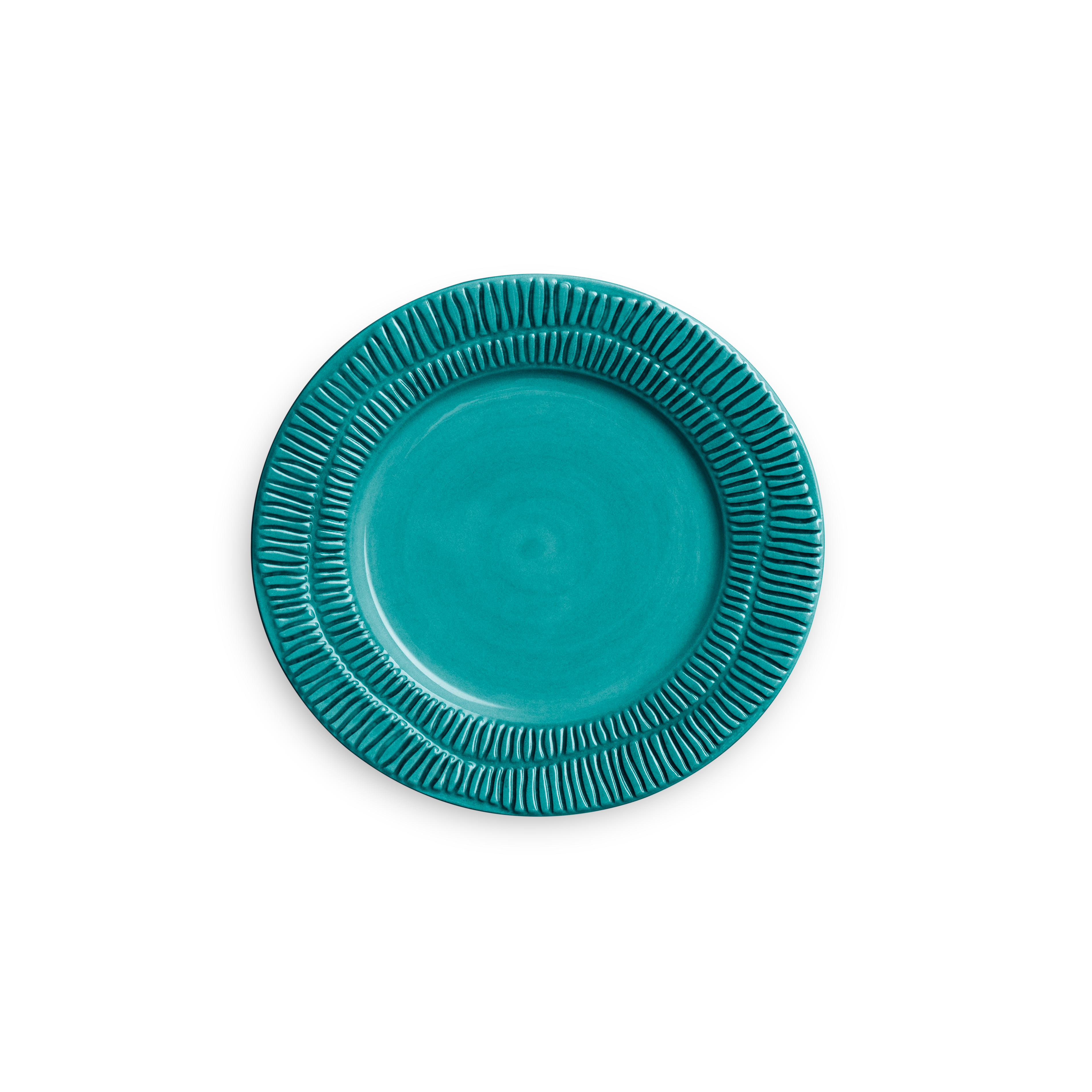 Teal ceramic plate with textured rim on a white background