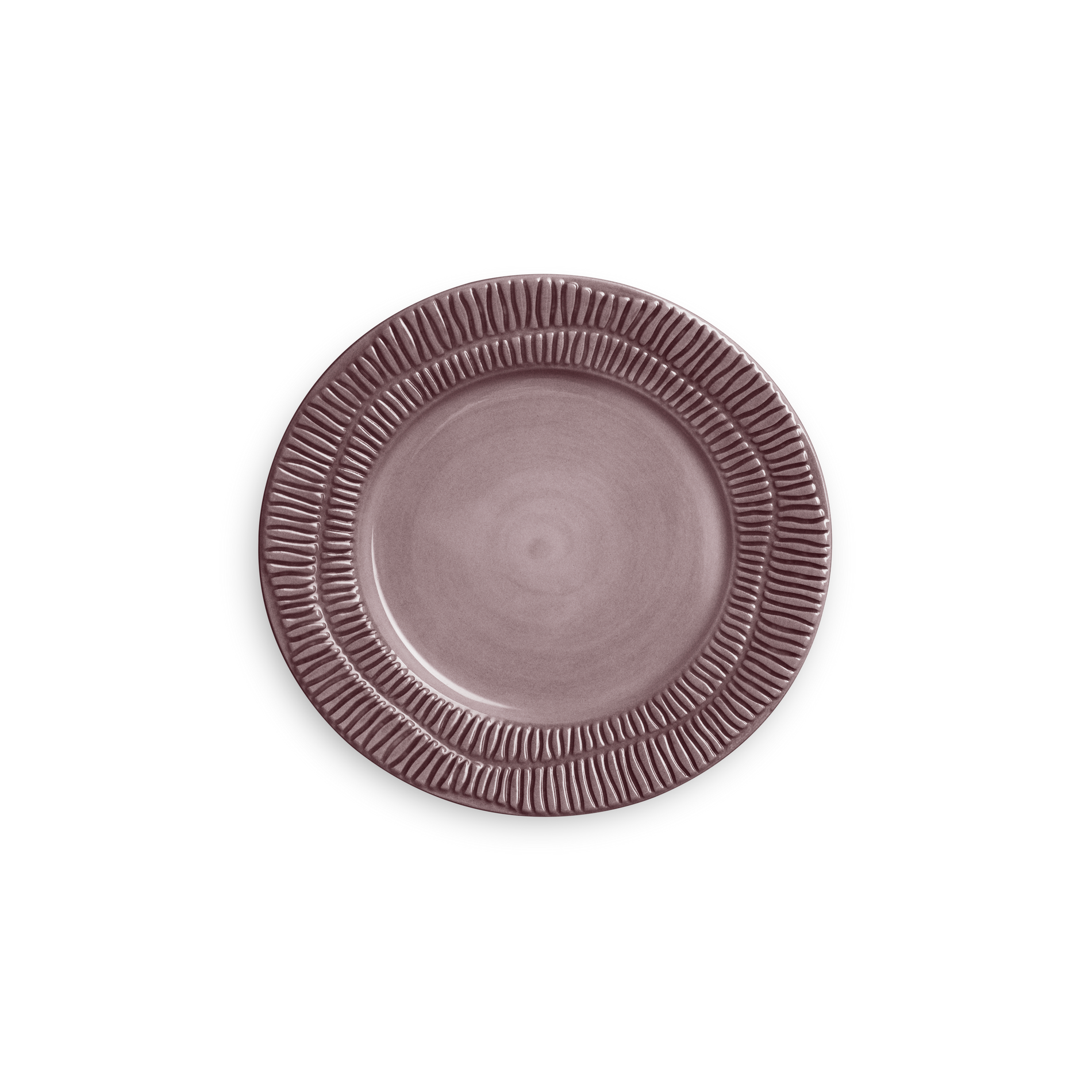 Purple ceramic plate with textured rim on a white background