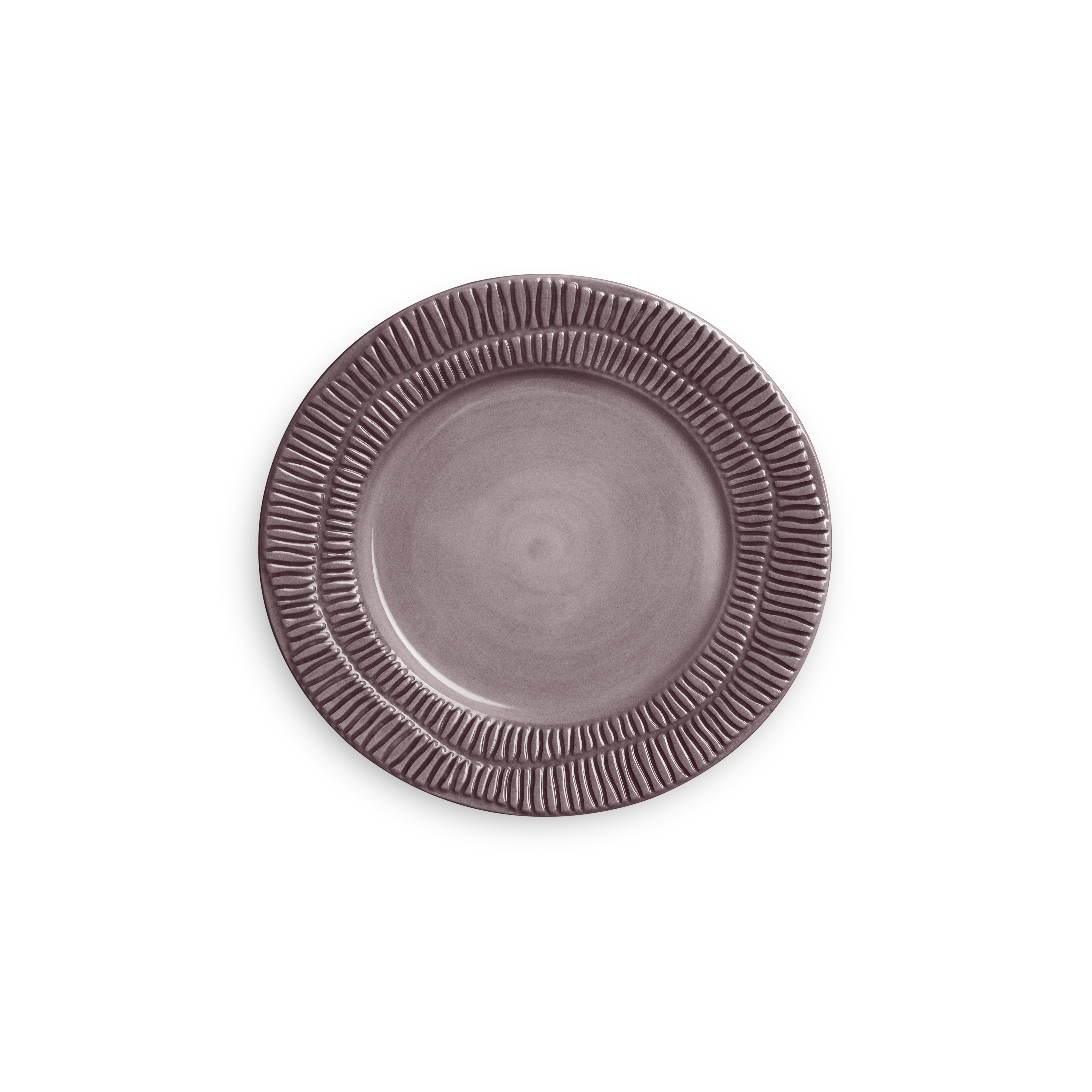 Purple ceramic plate with textured rim on a white background