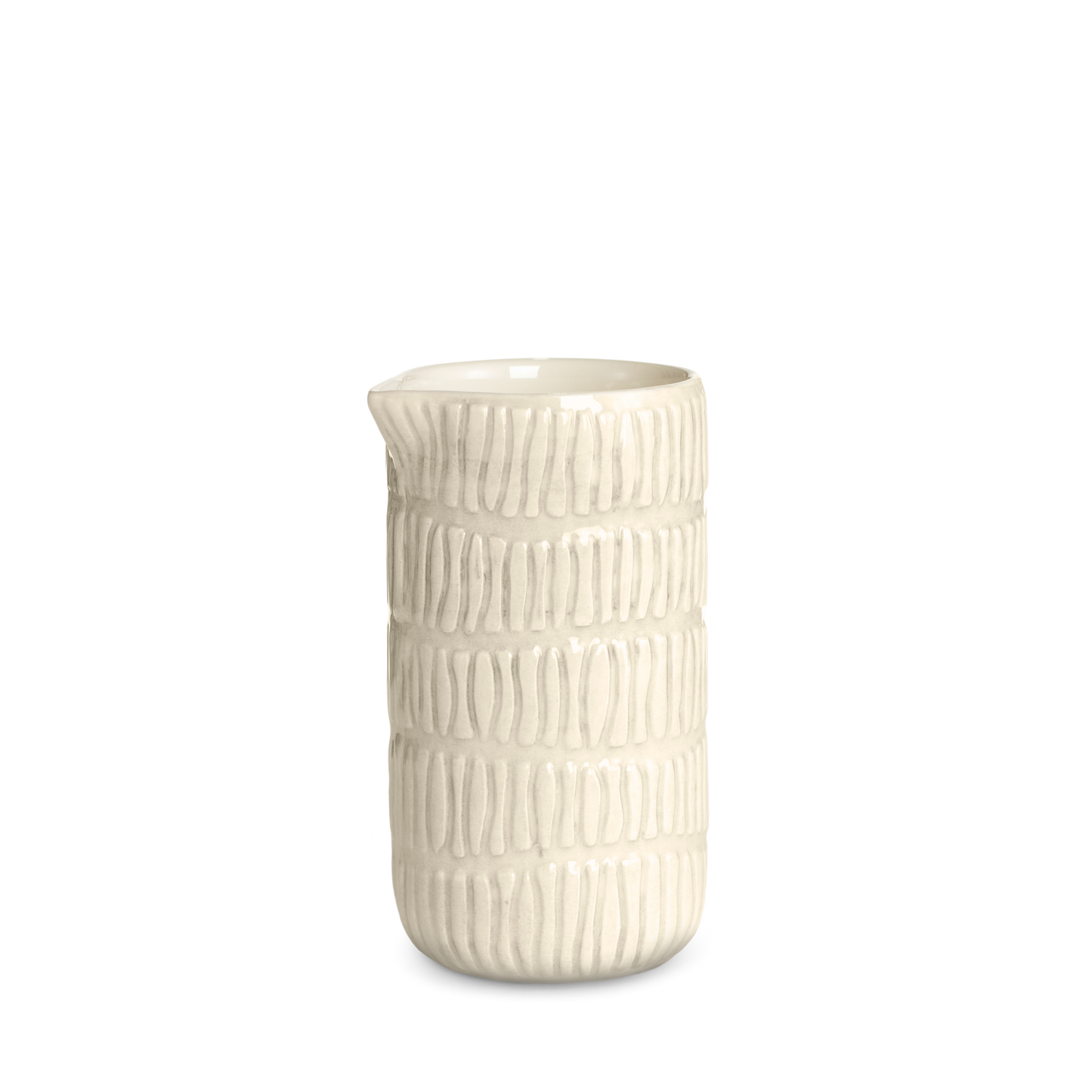 Sand ceramic jug with textured surface on a white background