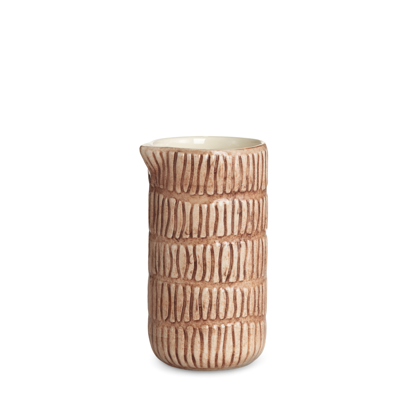 Ceramic pitcher with textured design on a white background