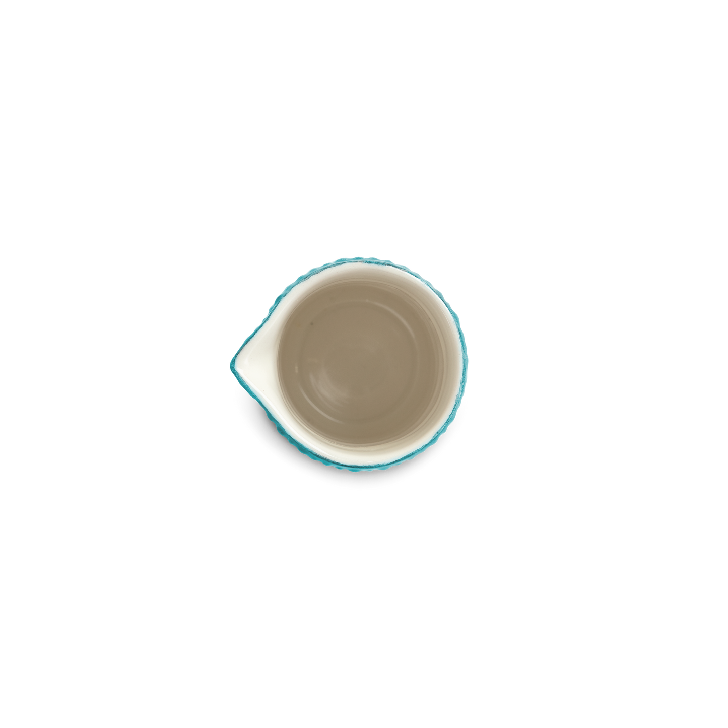 Ceramic jug with blue rim on a white background from above