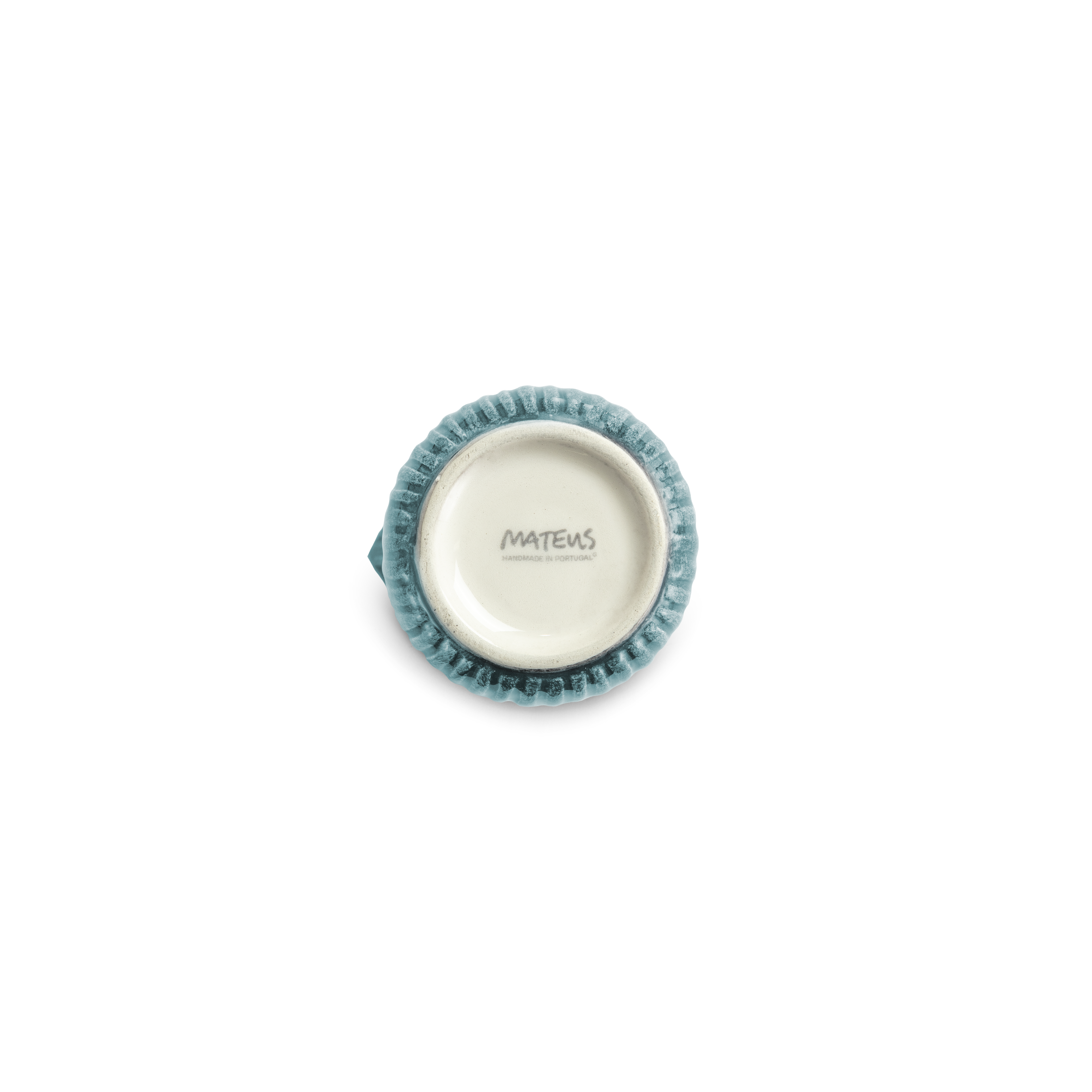 Round ceramic jug with blue rim and 'Mateus' branding on a white background