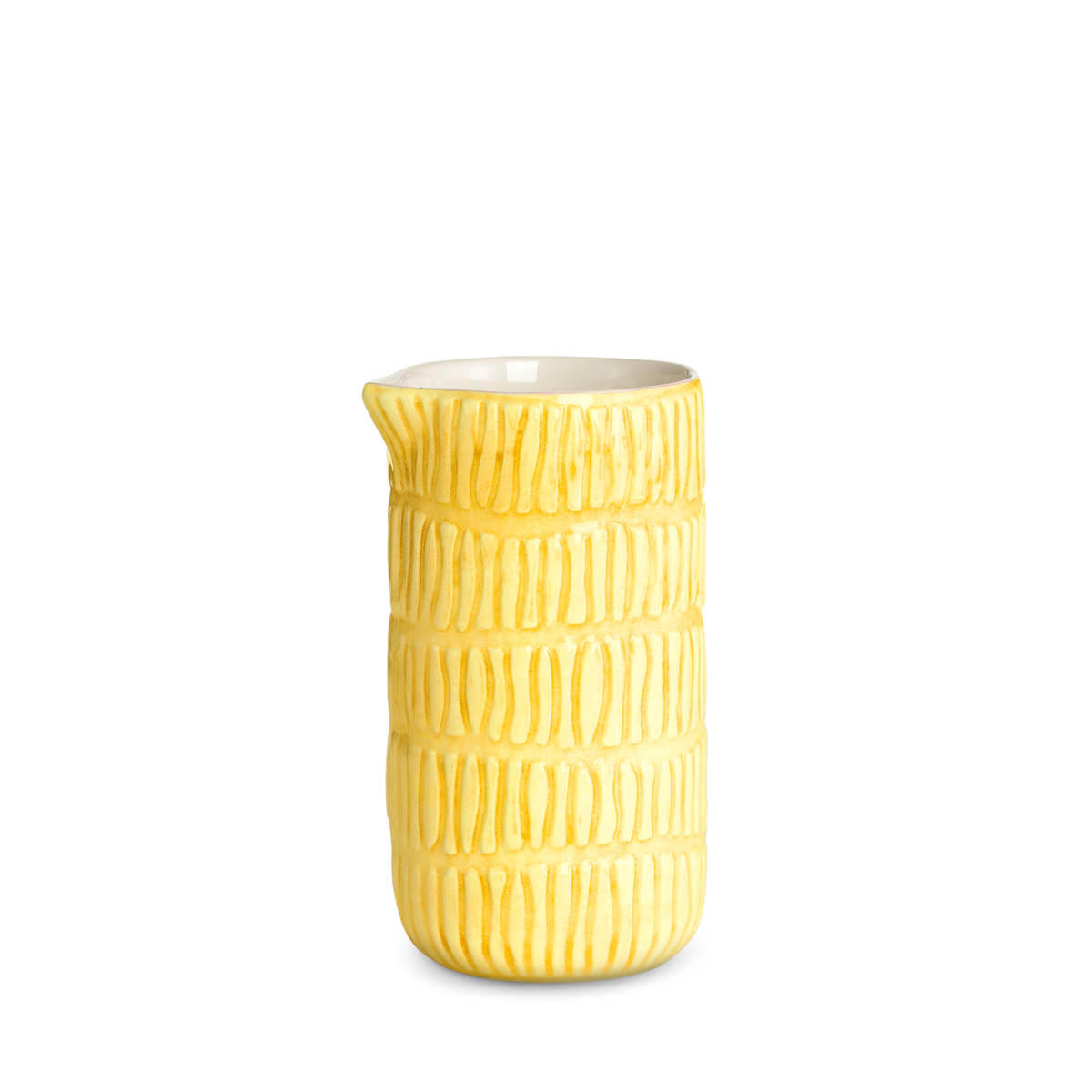 Yellow textured ceramic jug on a white background
