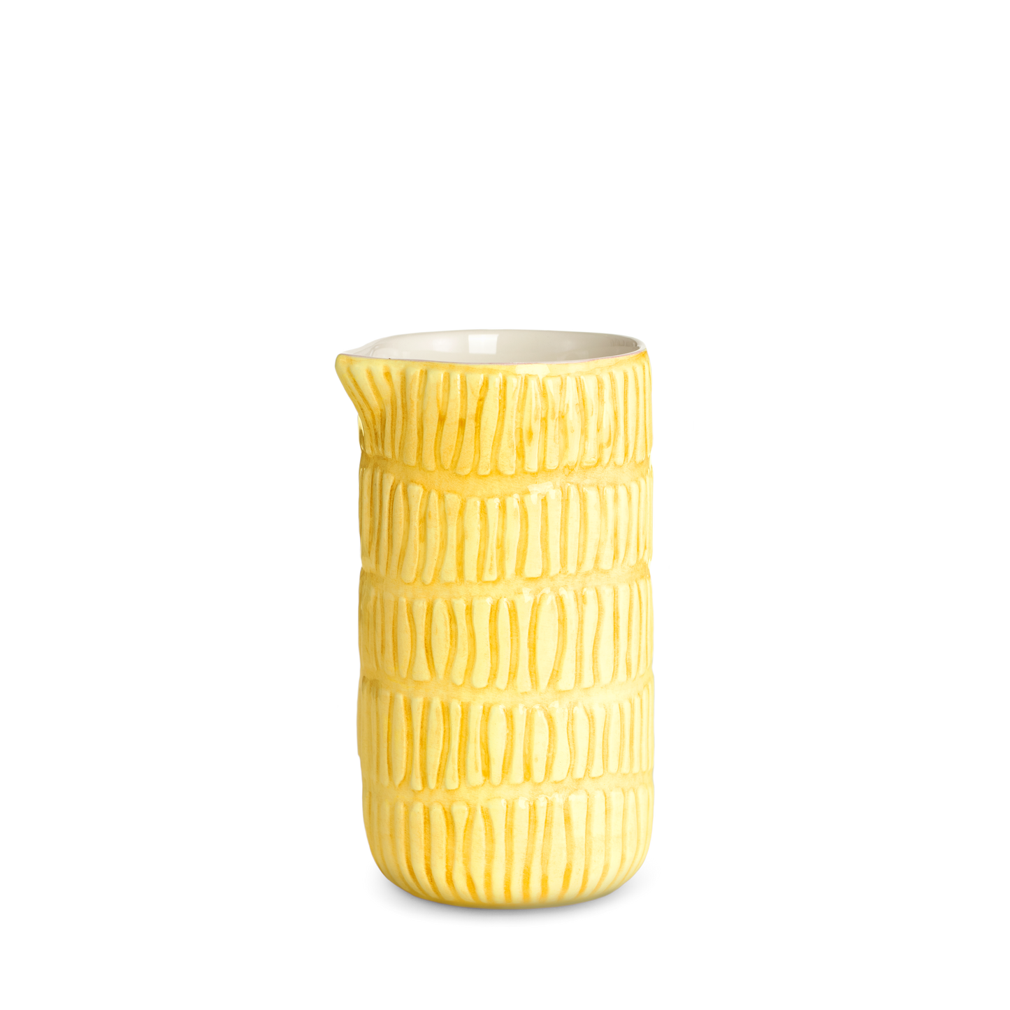 Yellow textured ceramic jug on a white background