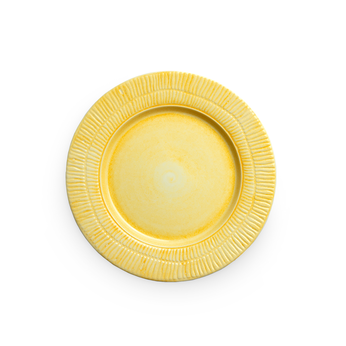 Yellow ceramic plate with textured rim on a white background