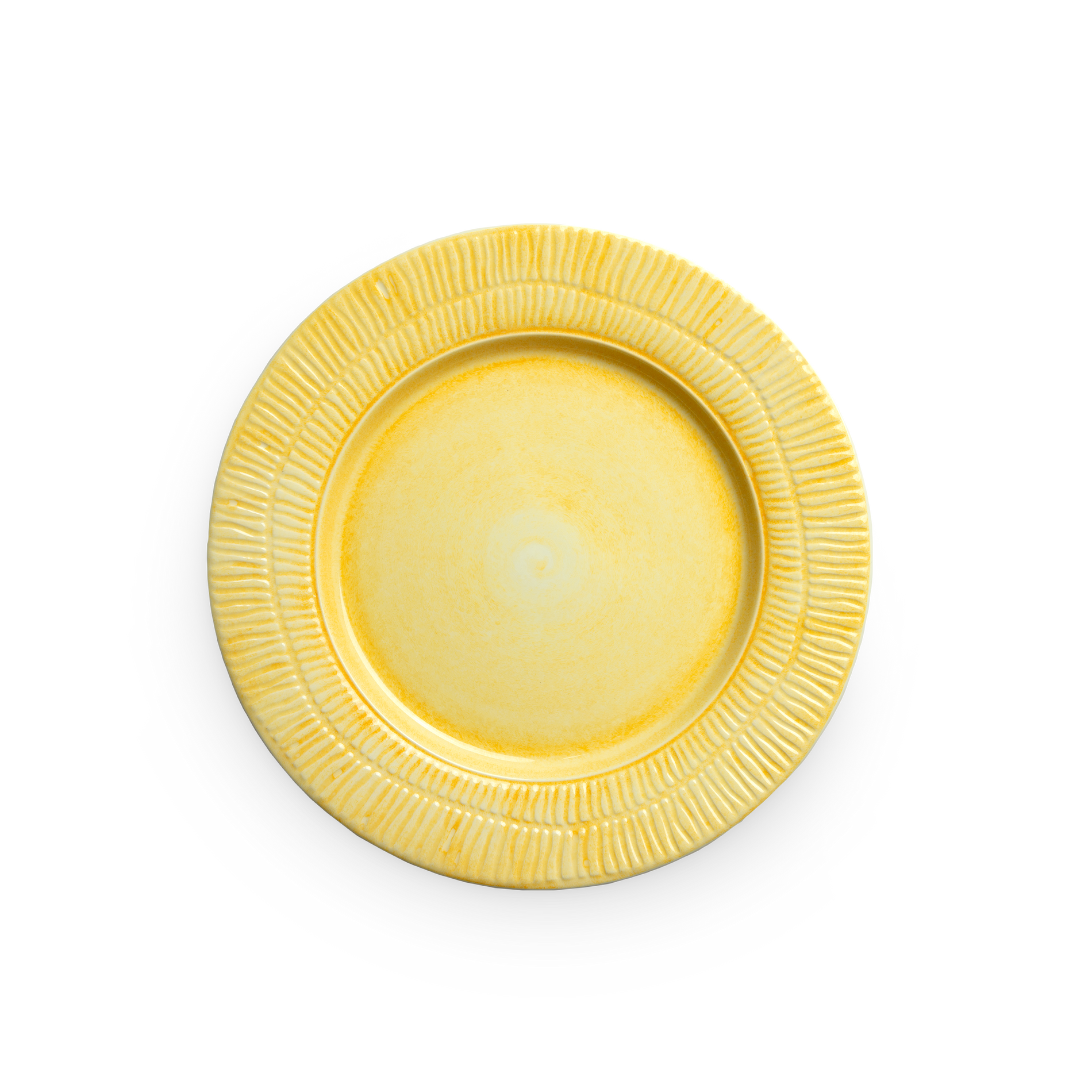 Yellow ceramic plate with textured rim on a white background