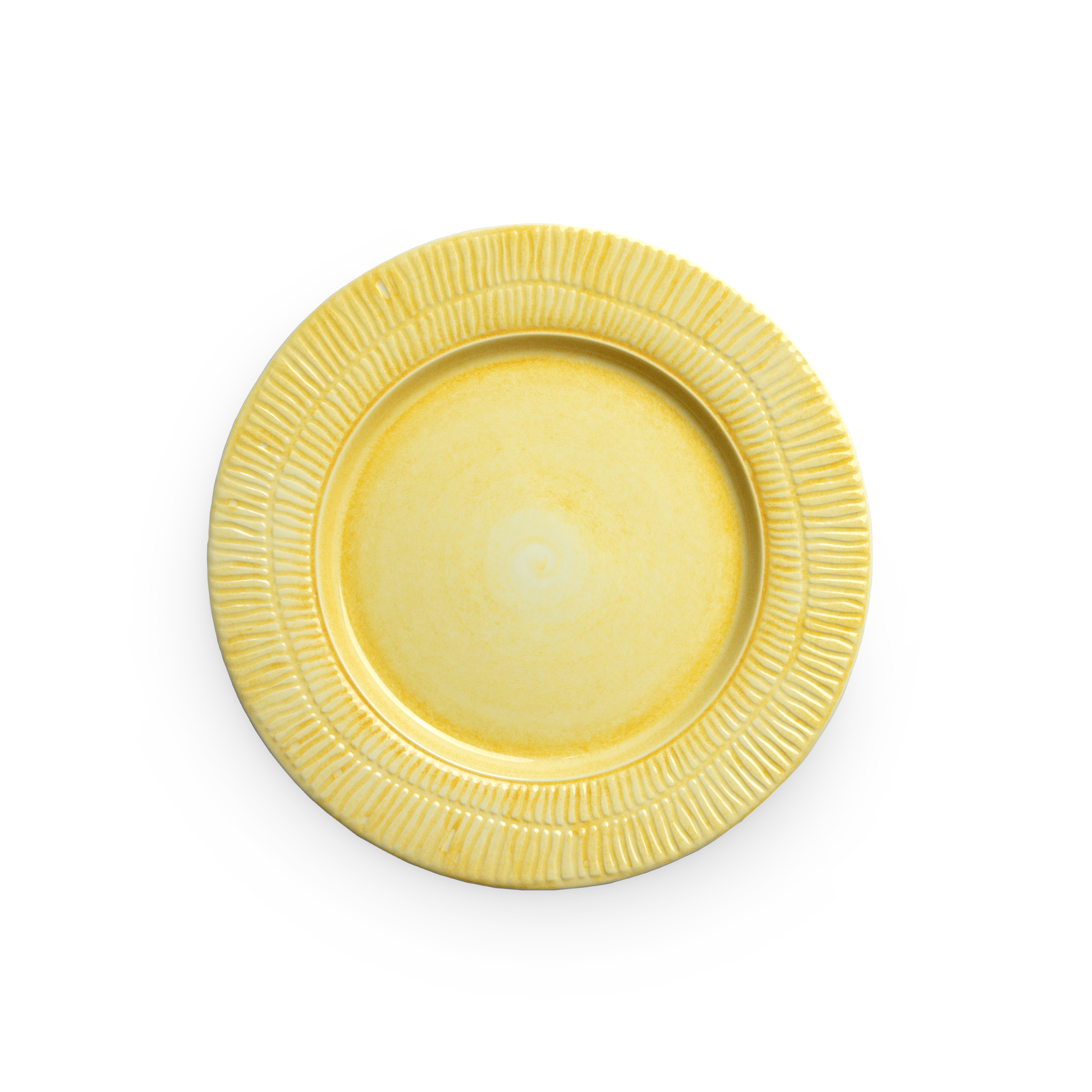Yellow ceramic plate with textured rim on a white background