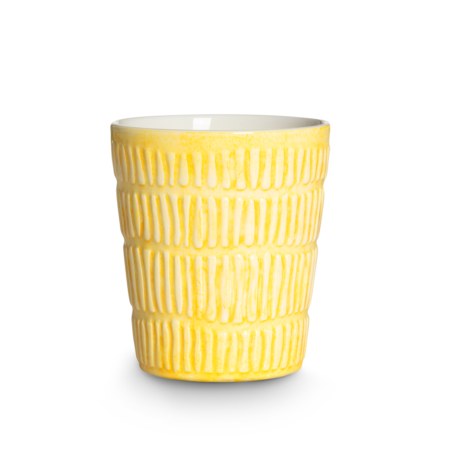 Yellow textured mug on a white background