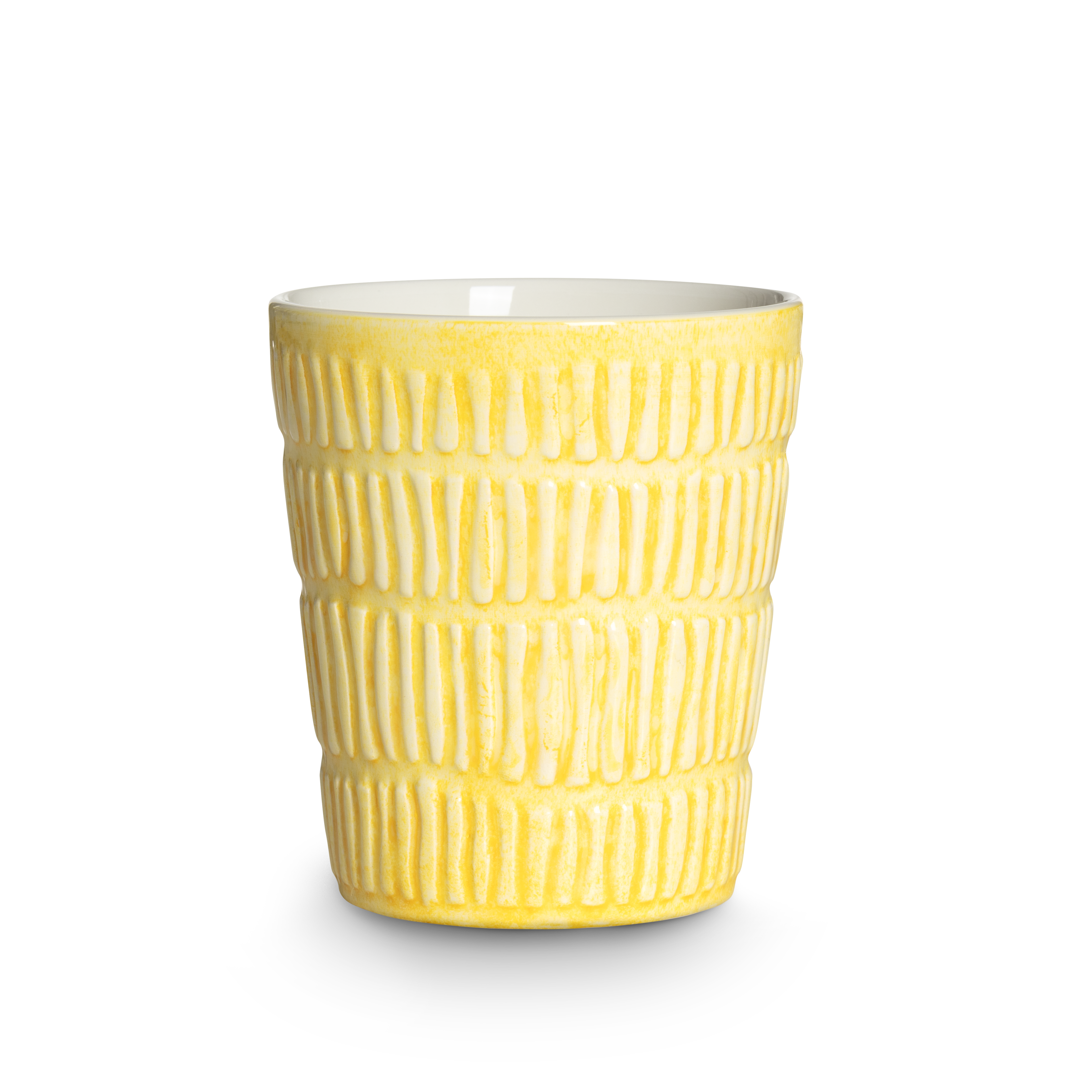 Yellow textured mug on a white background