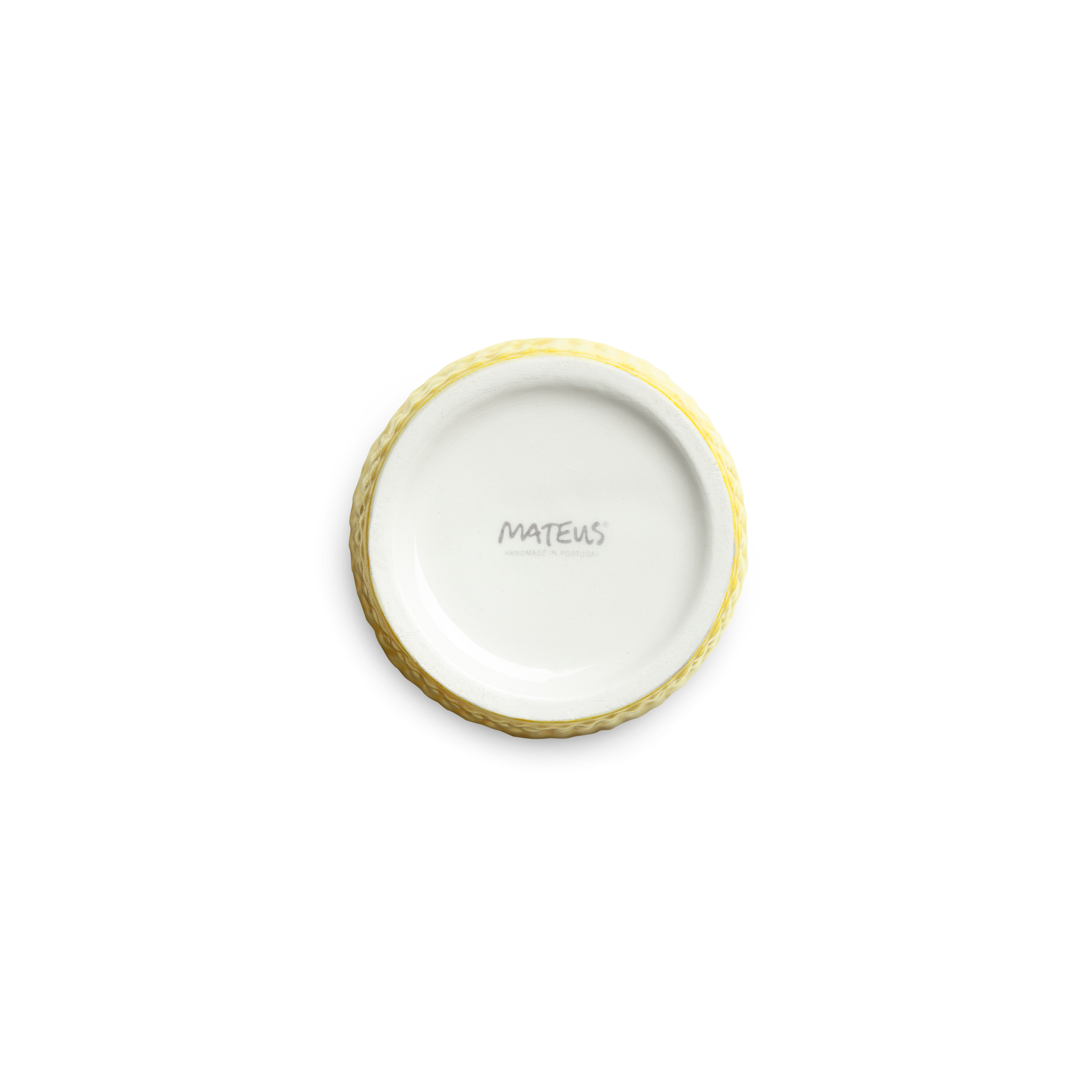 Yellow mug bottom and 'MATEUS' branding on a white background