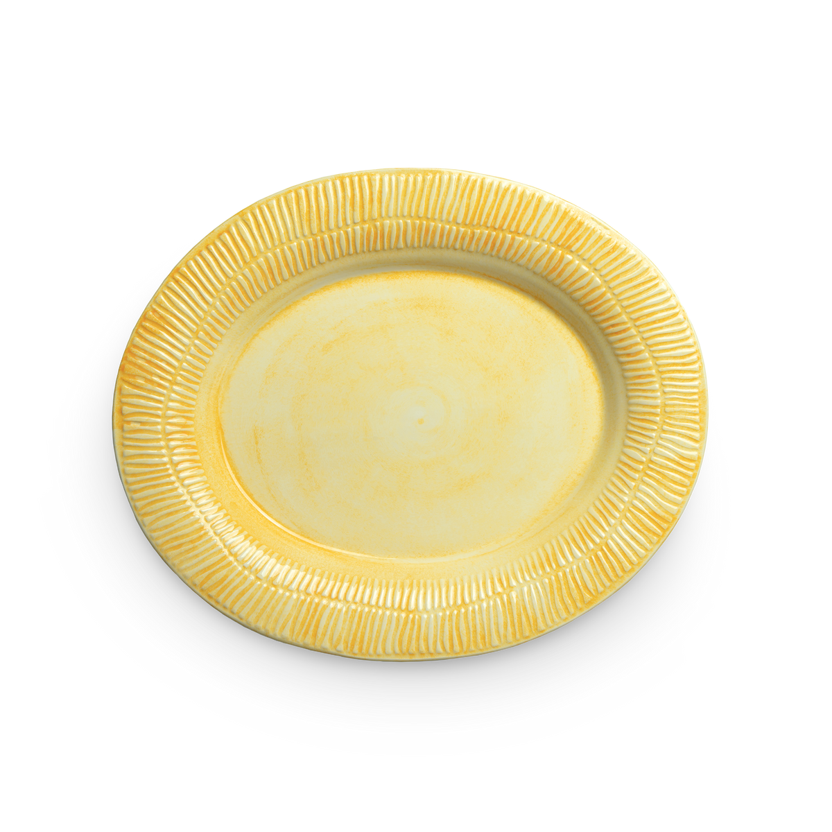 Yellow ceramic plate with textured rim on a white background