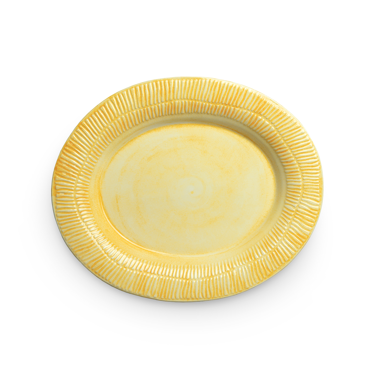 Yellow ceramic plate with textured rim on a white background