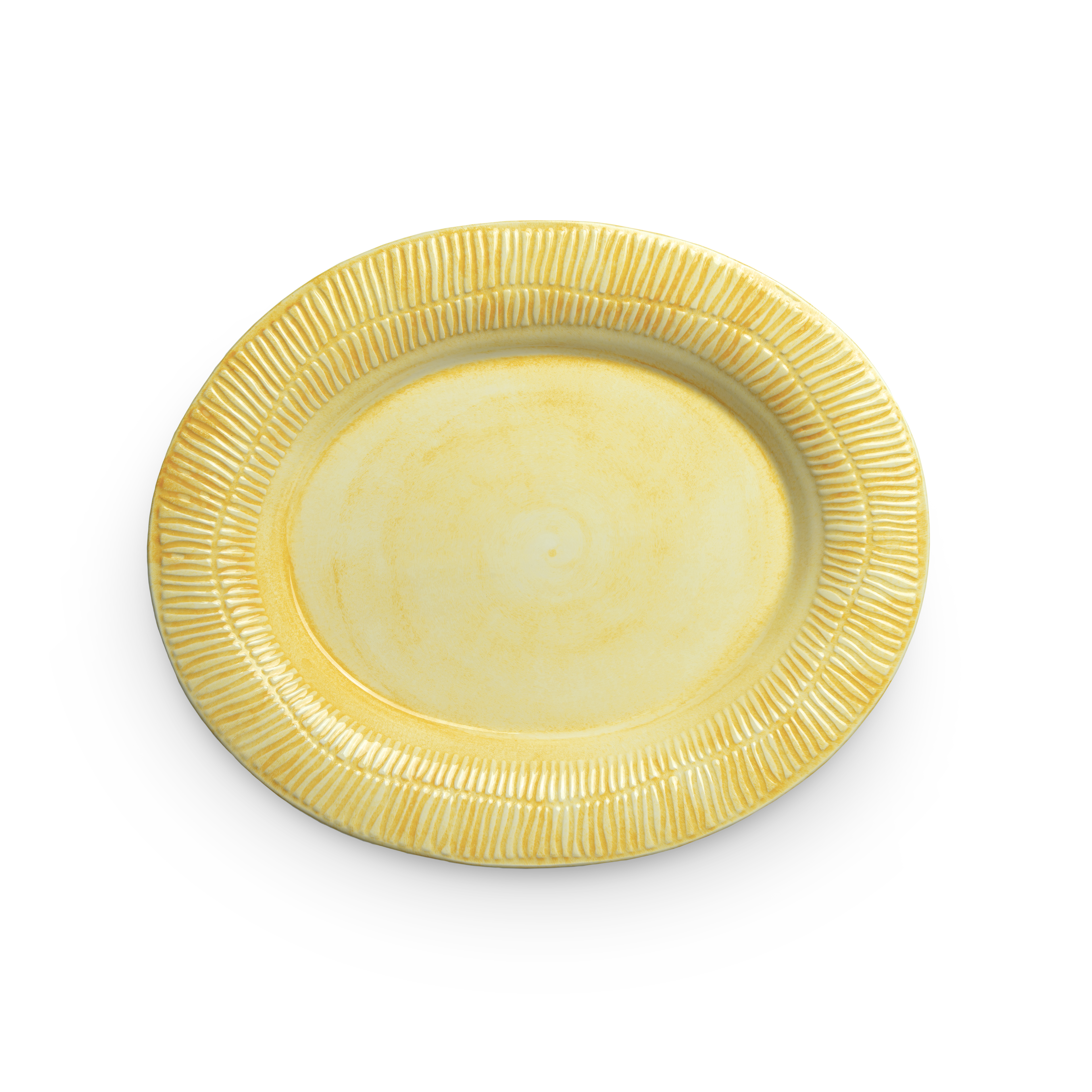 Yellow ceramic plate with textured rim on a white background