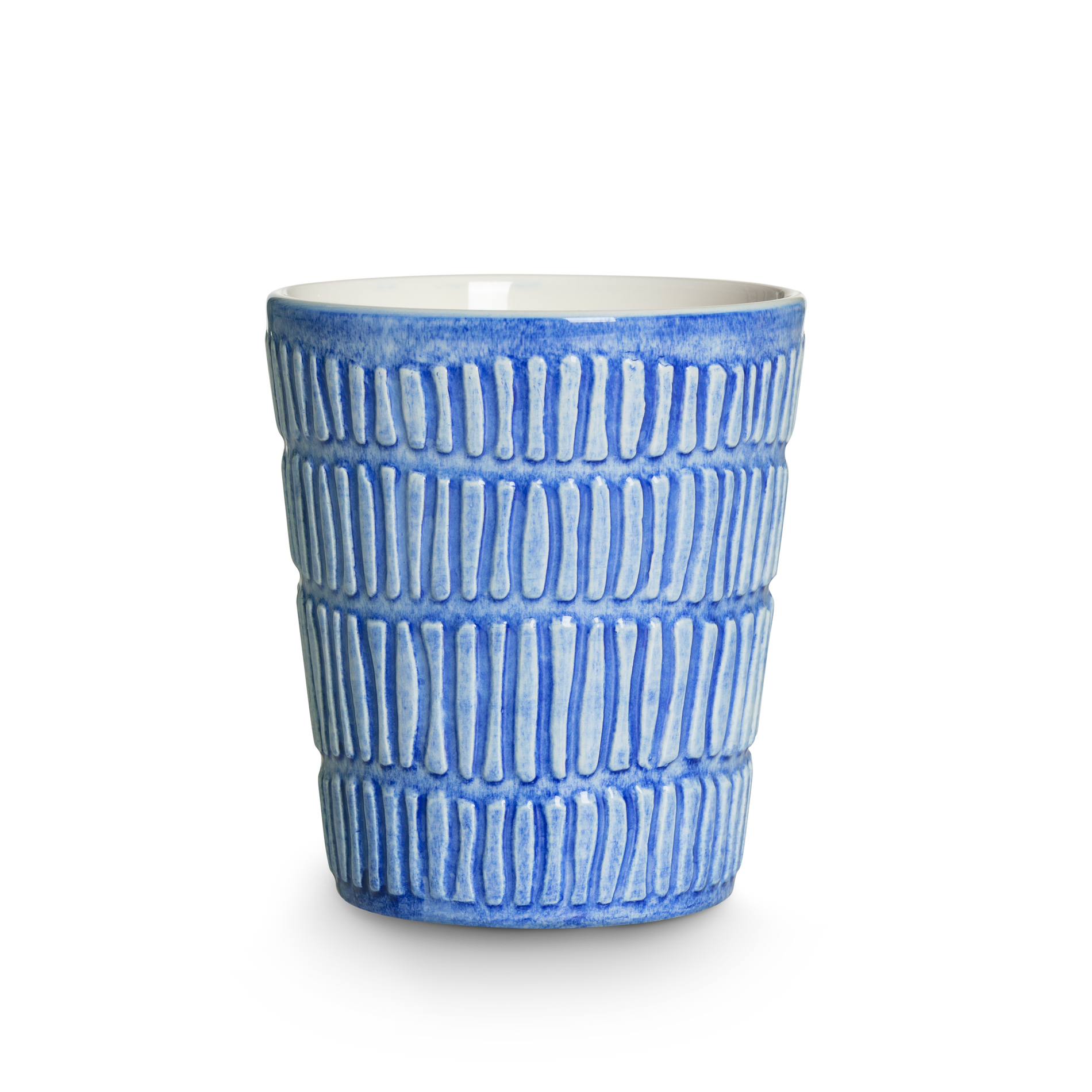 Blue textured ceramic cup on a white background