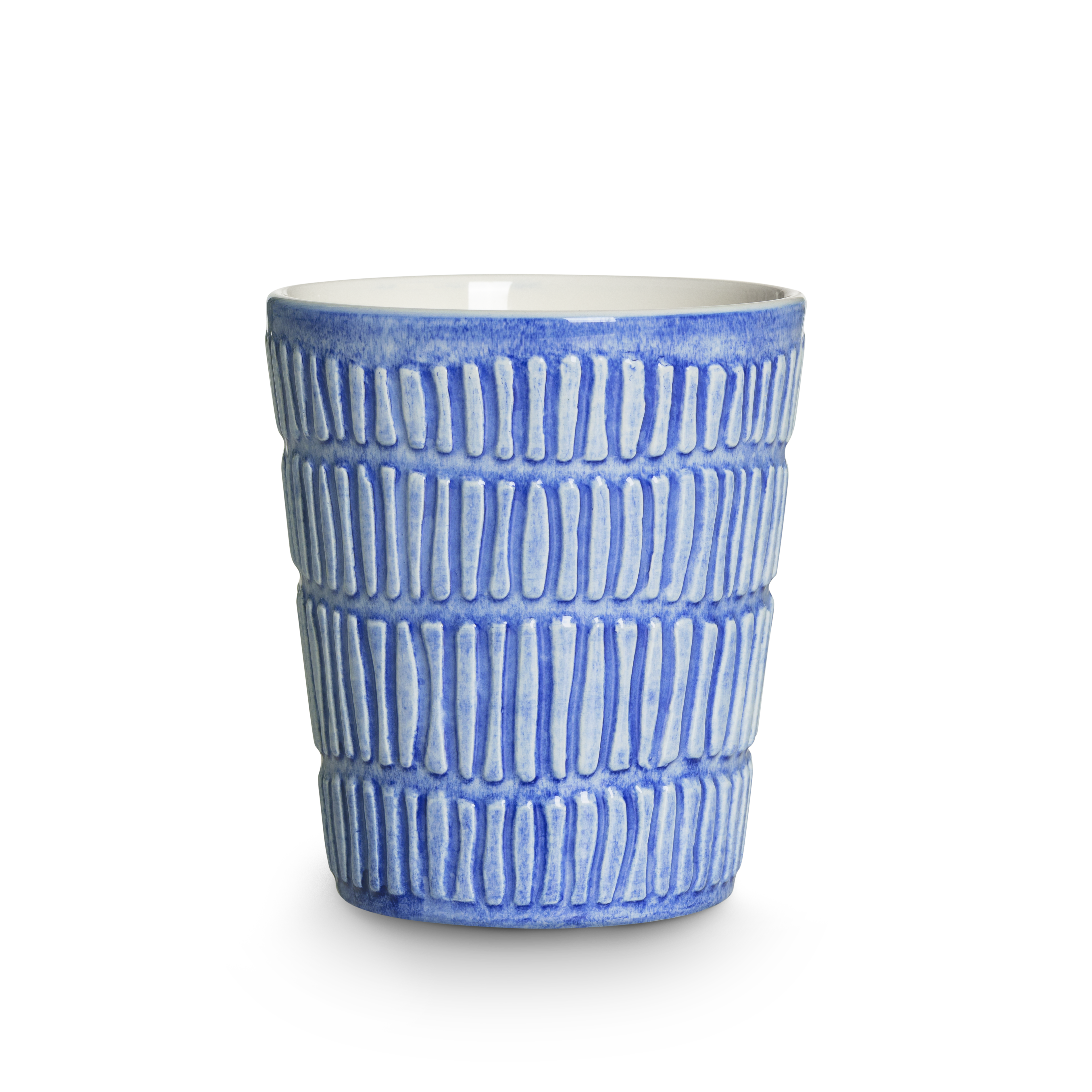 Blue textured ceramic cup on a white background