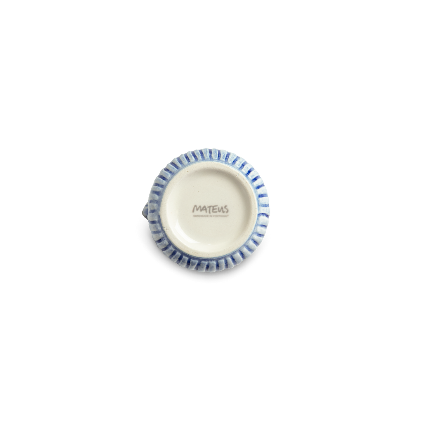 Small decorative jug bottom with textured rim on a white background