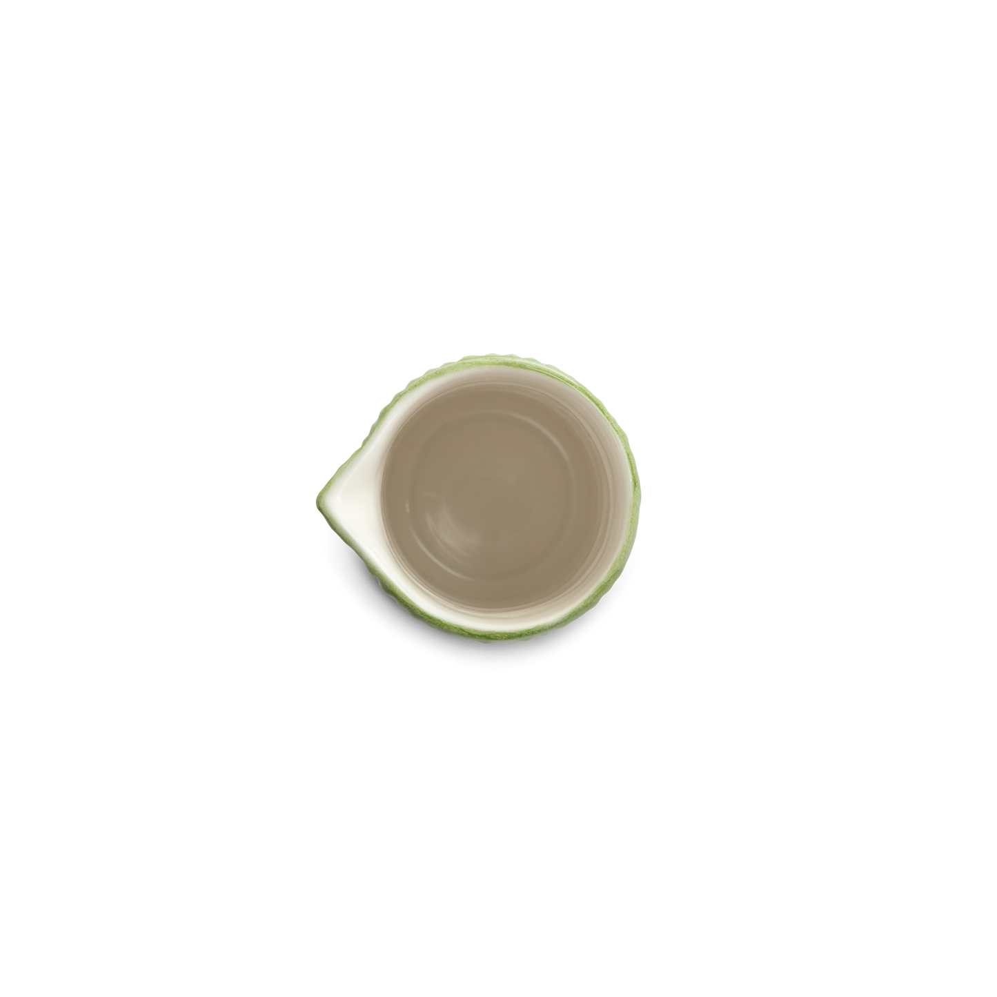 Small ceramic jug with a green rim on a white background from above