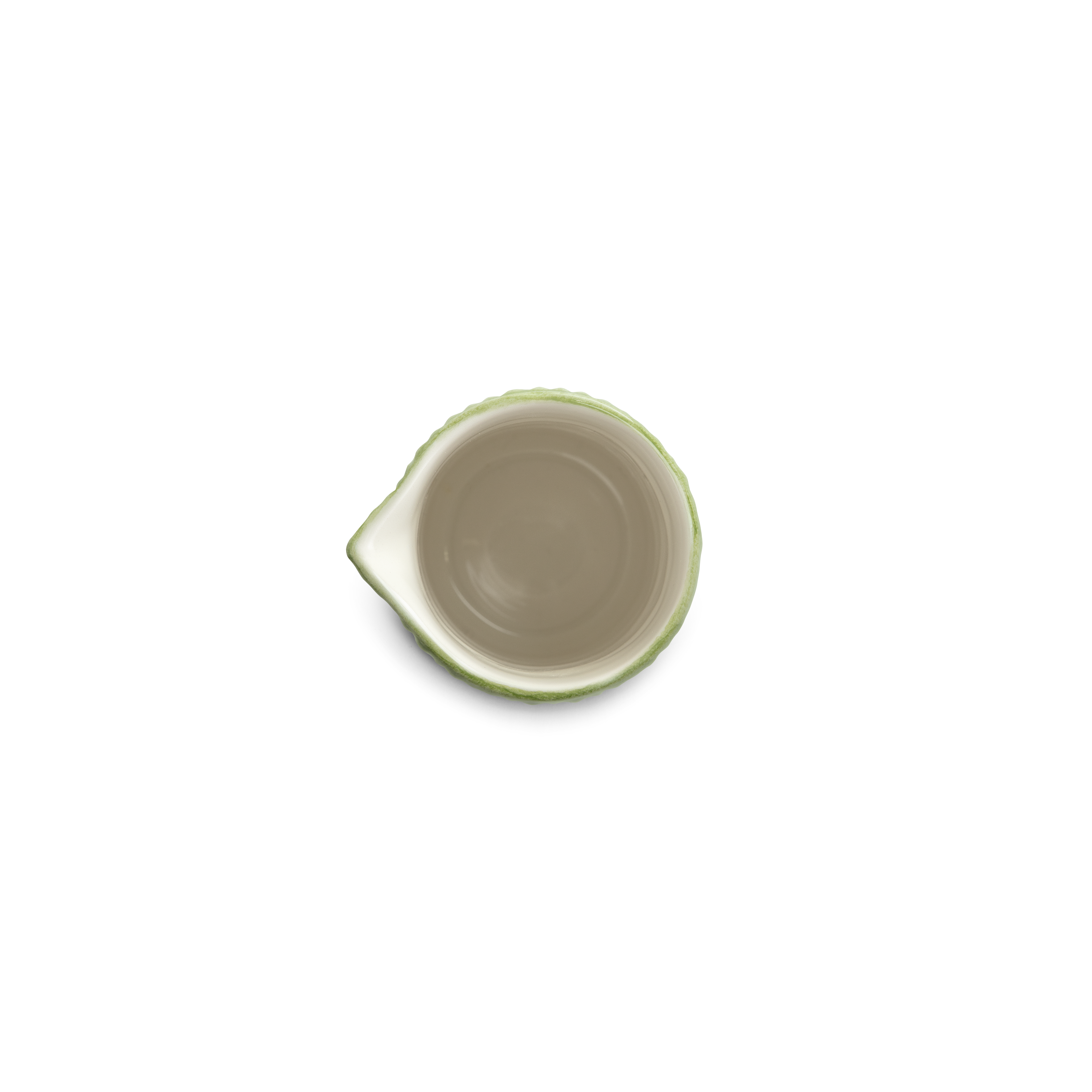 Small ceramic jug with a green rim on a white background from above