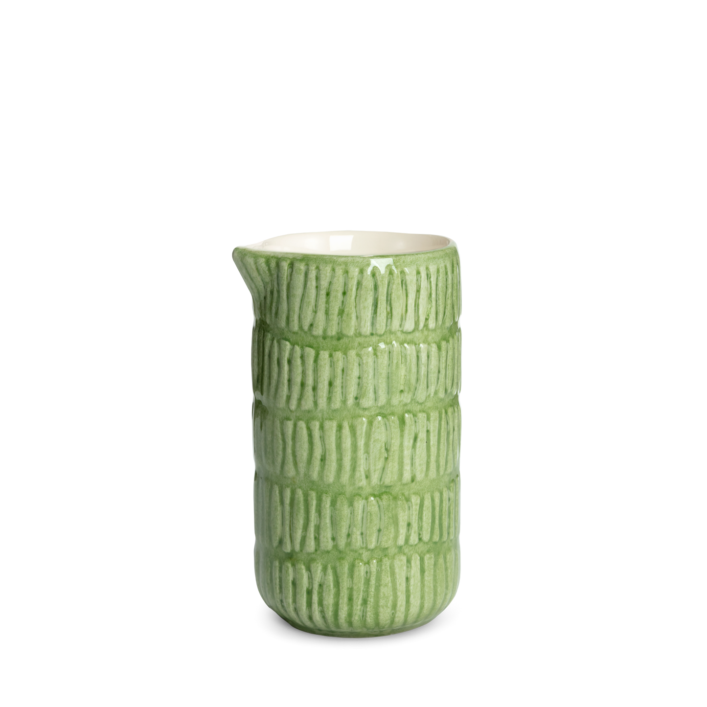Green ceramic jug with textured design on a white background