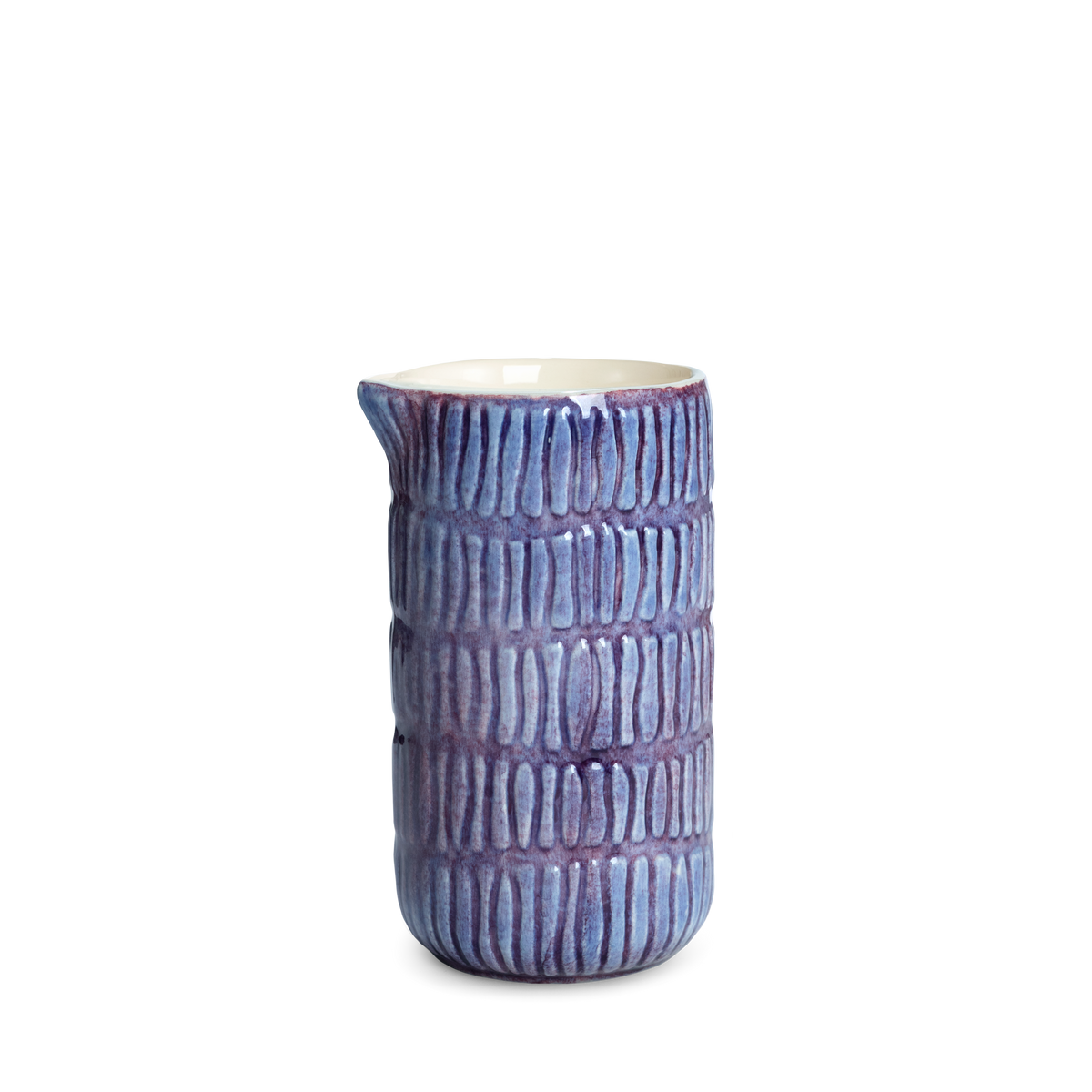 Purple ceramic jug with textured surface on a white background