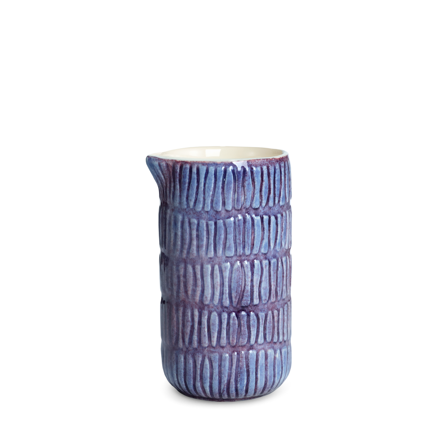 Purple ceramic jug with textured surface on a white background