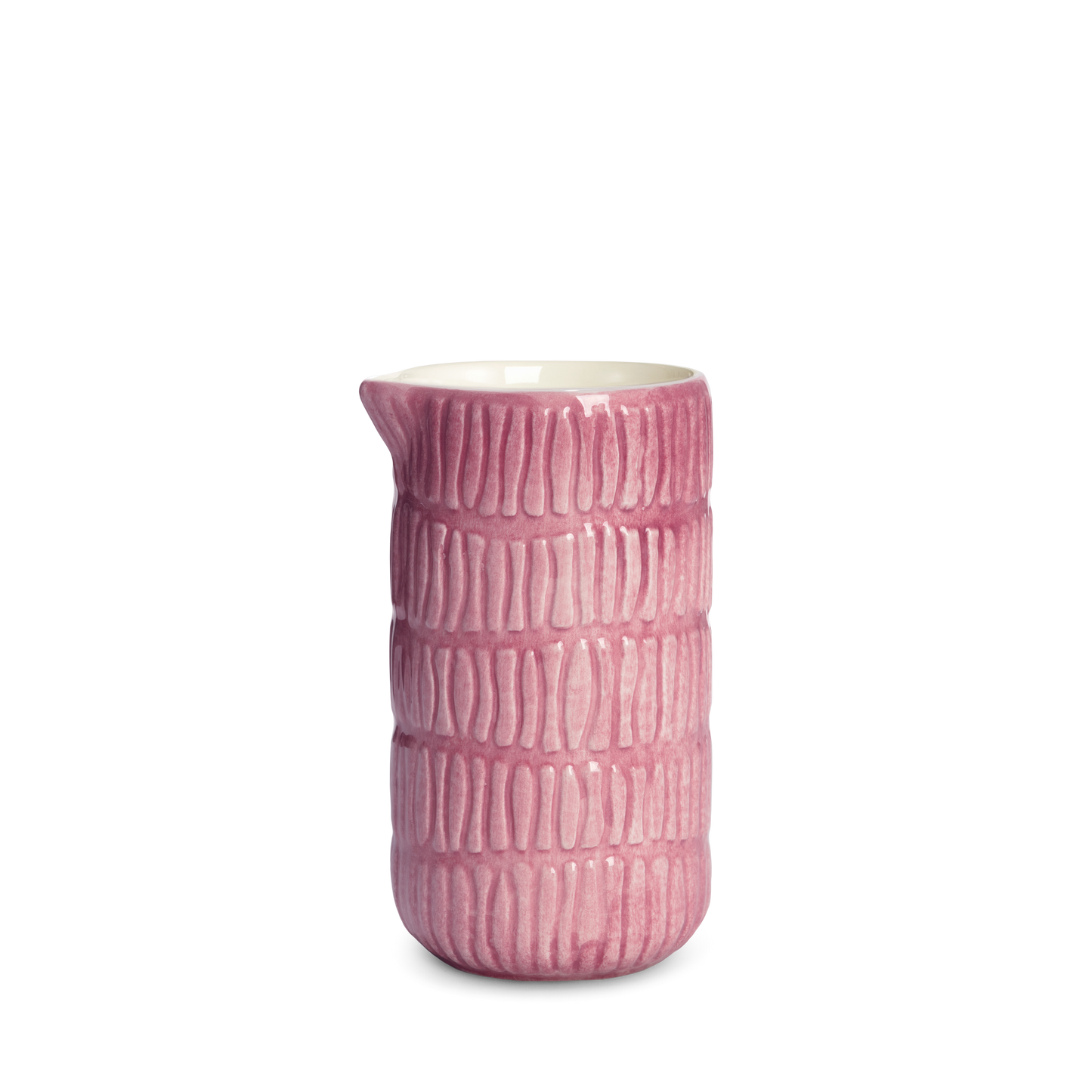 Pink textured ceramic jug on a white background