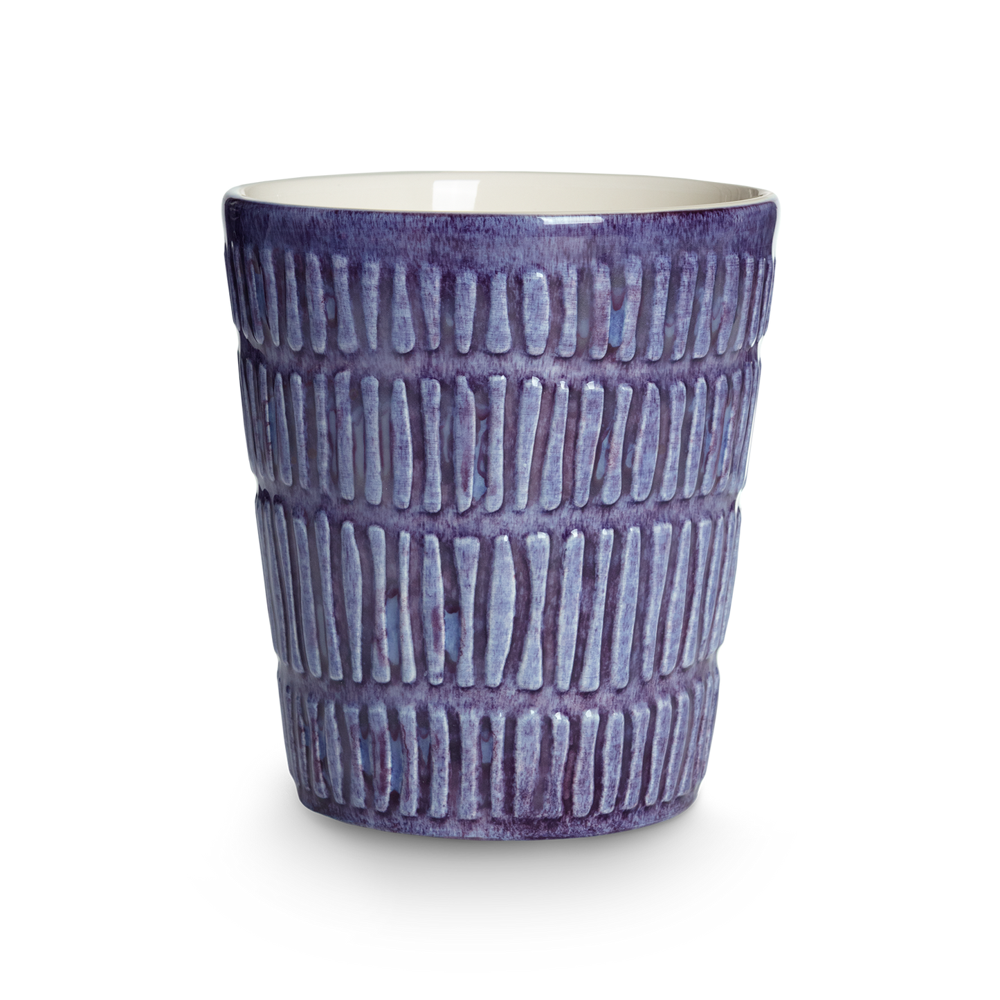 purple textured ceramic cup on a white background