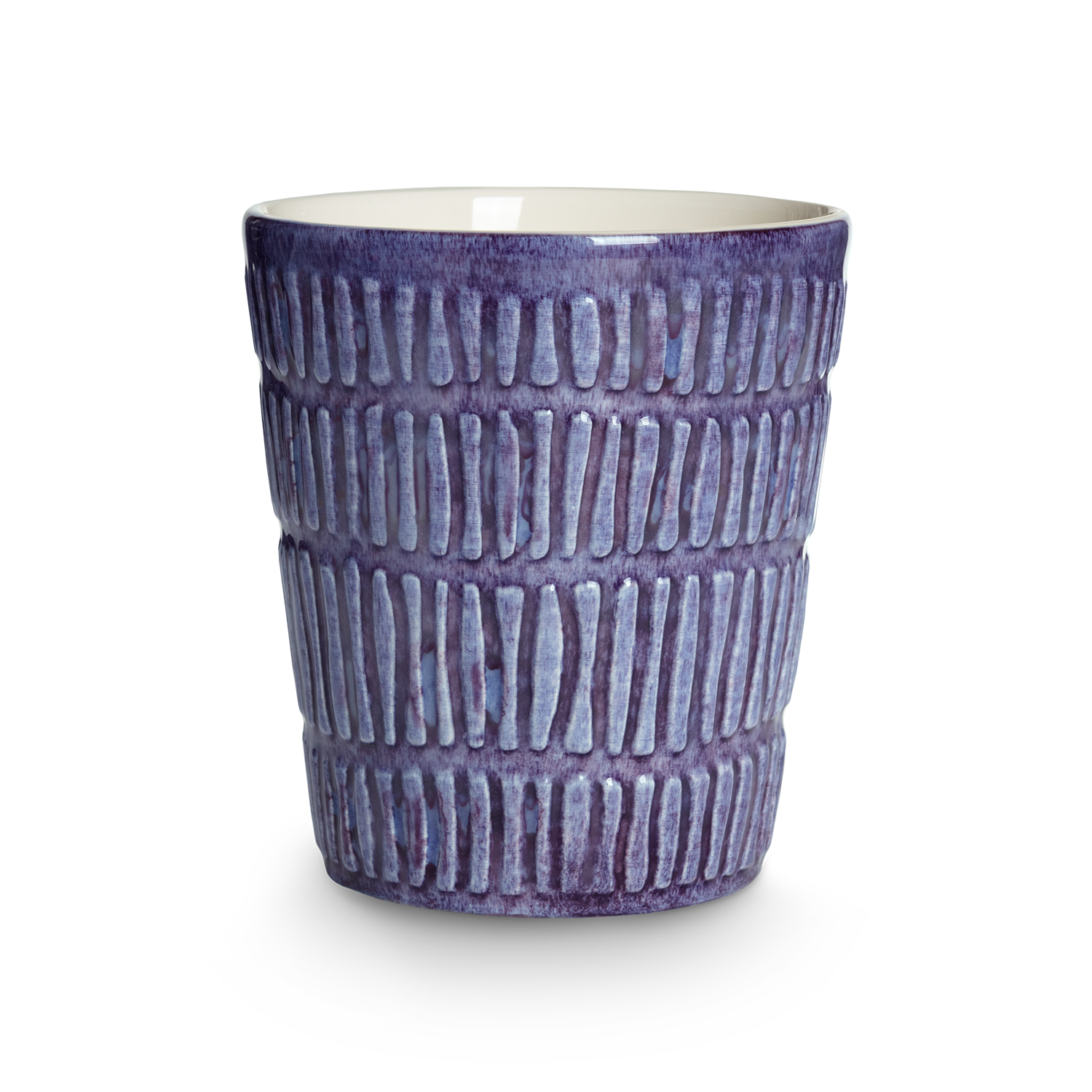 purple textured ceramic cup on a white background