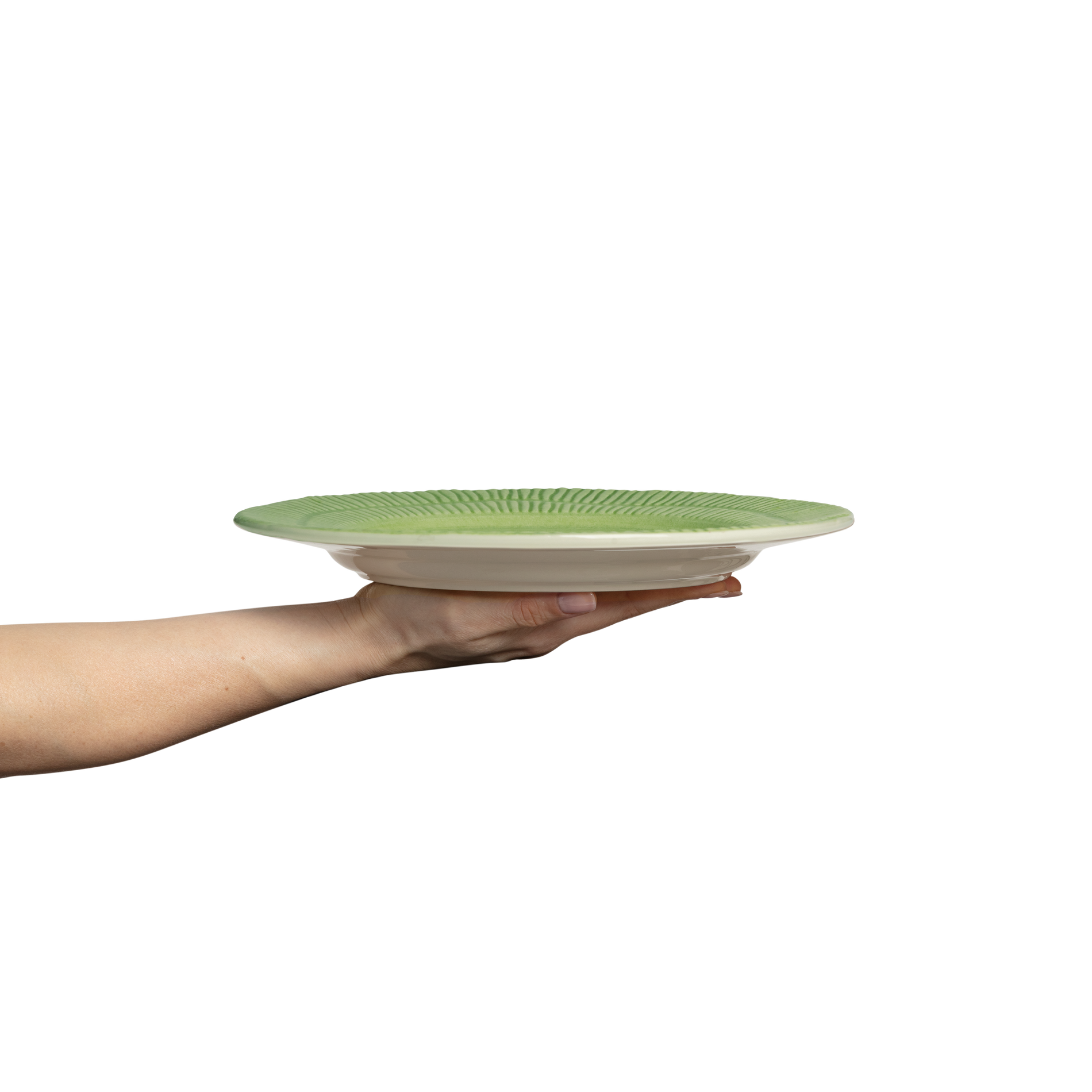 Hand holding a green ceramic plate against a white background