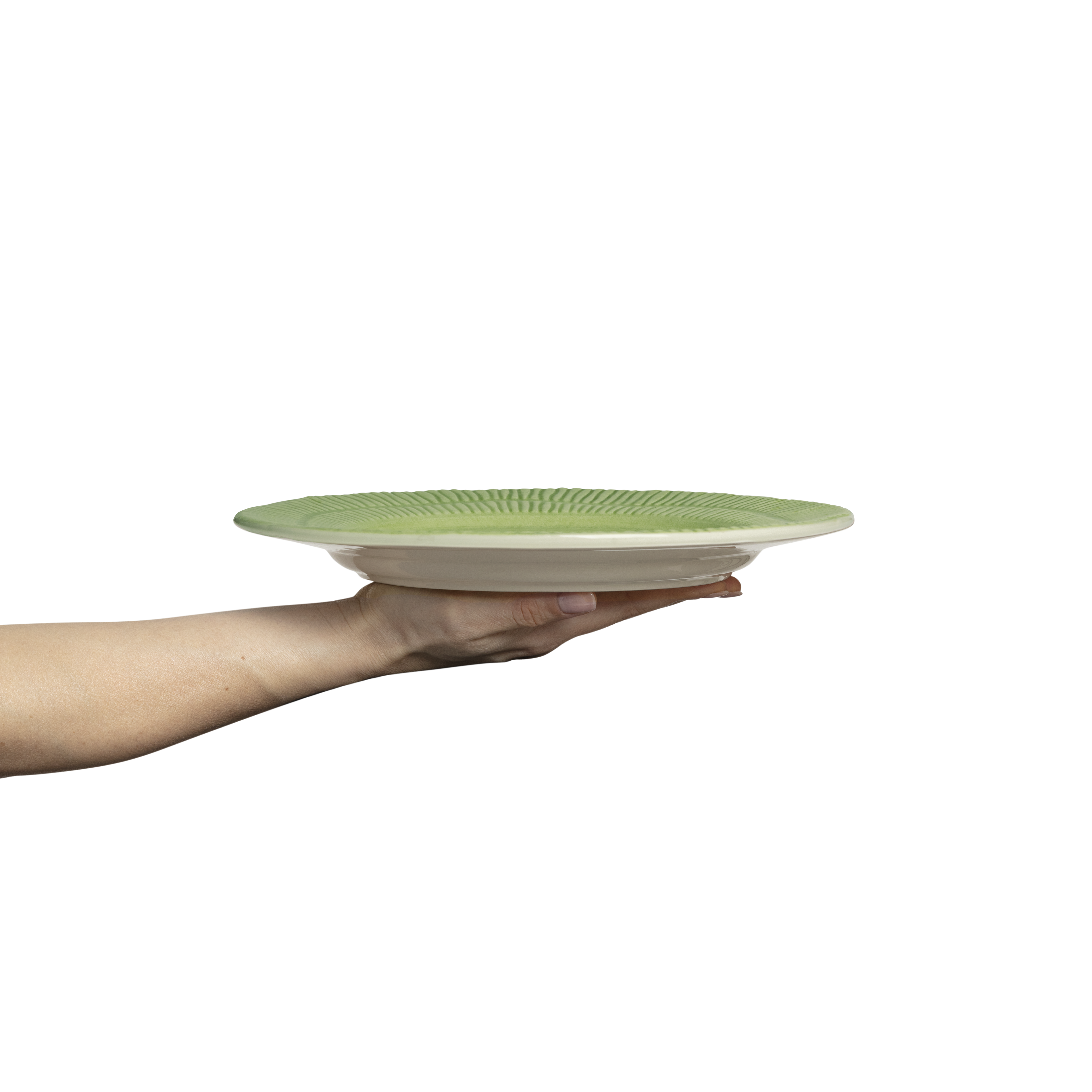 Hand holding a green ceramic plate against a white background