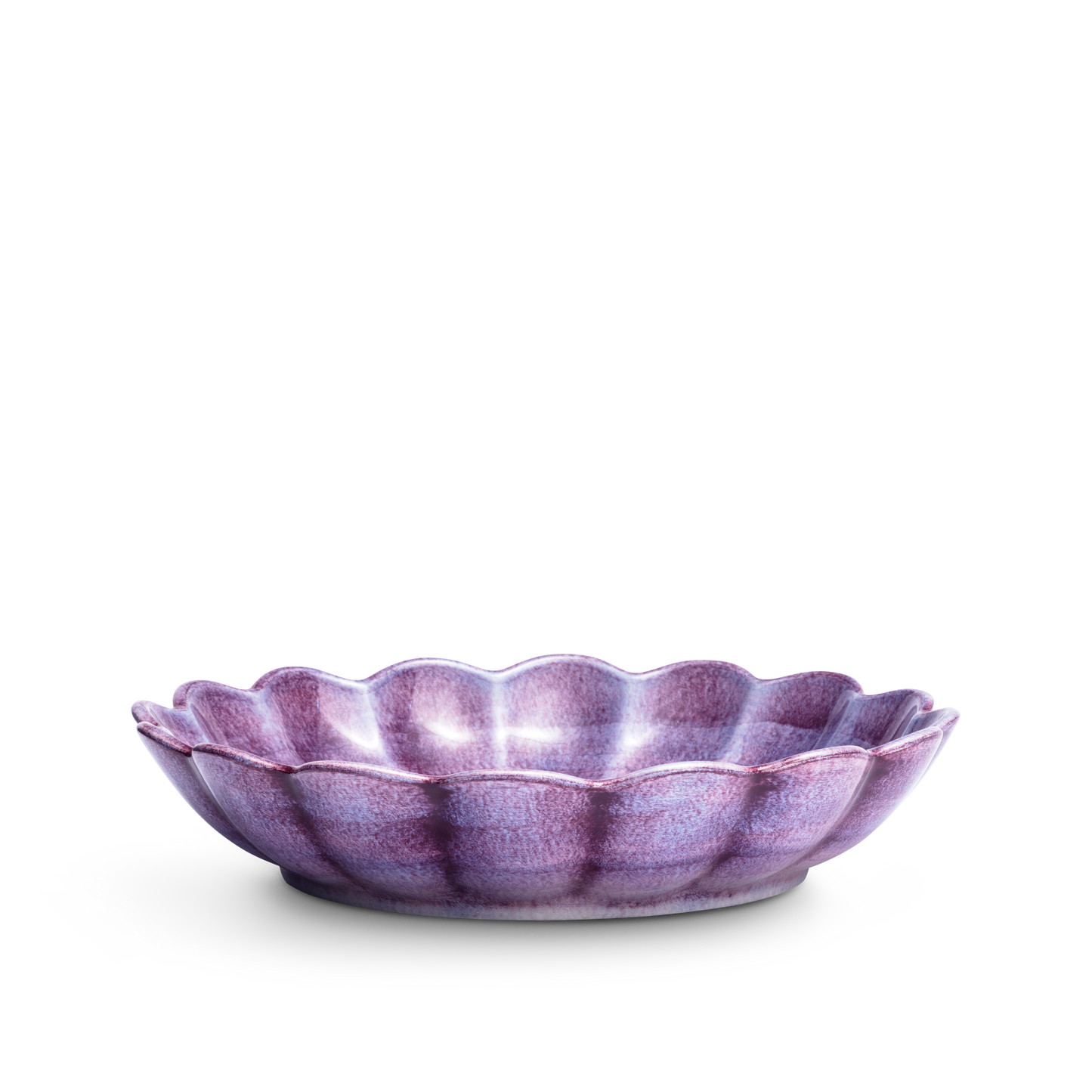 Purple ceramic bowl with scalloped edge on a white background