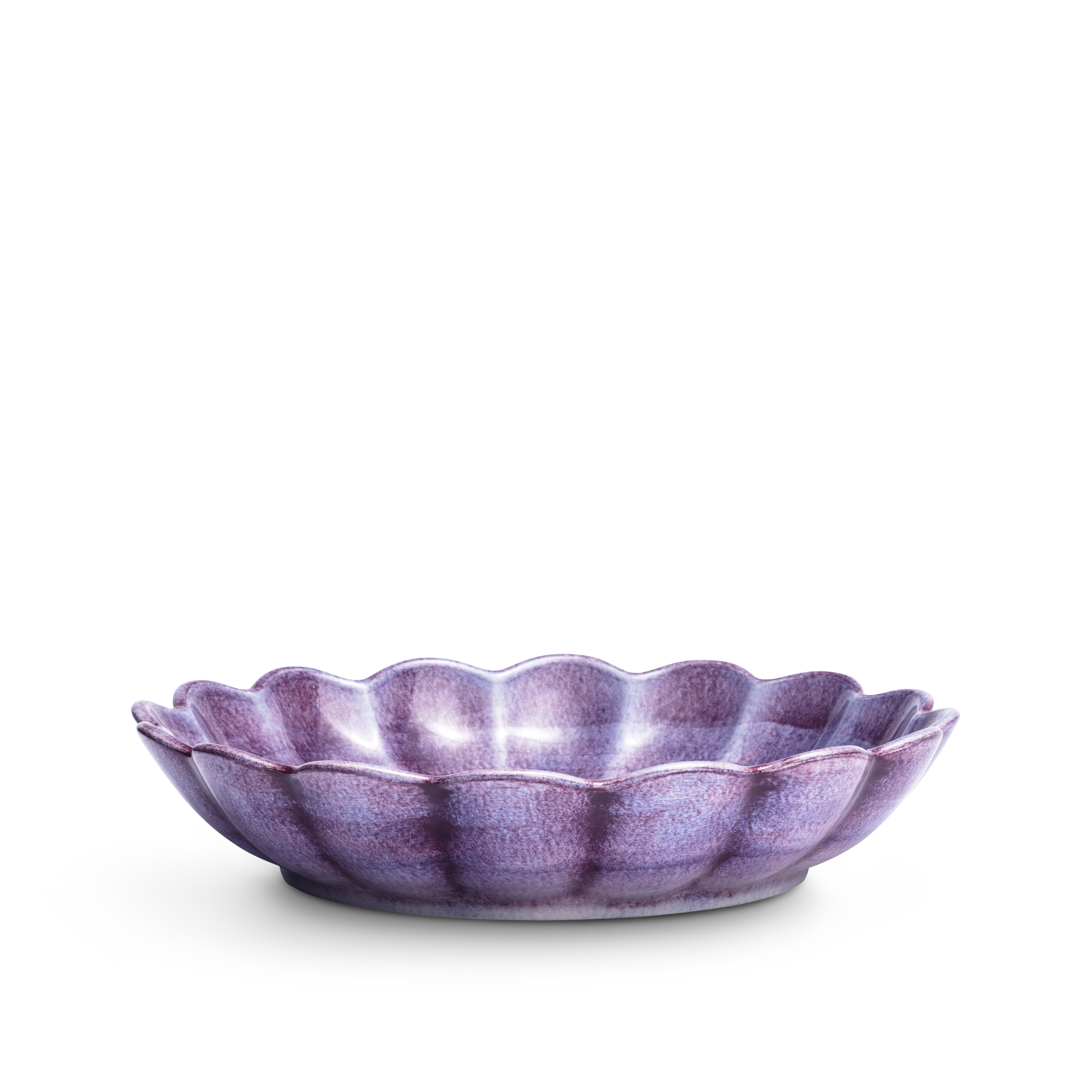 Purple ceramic bowl with scalloped edge on a white background