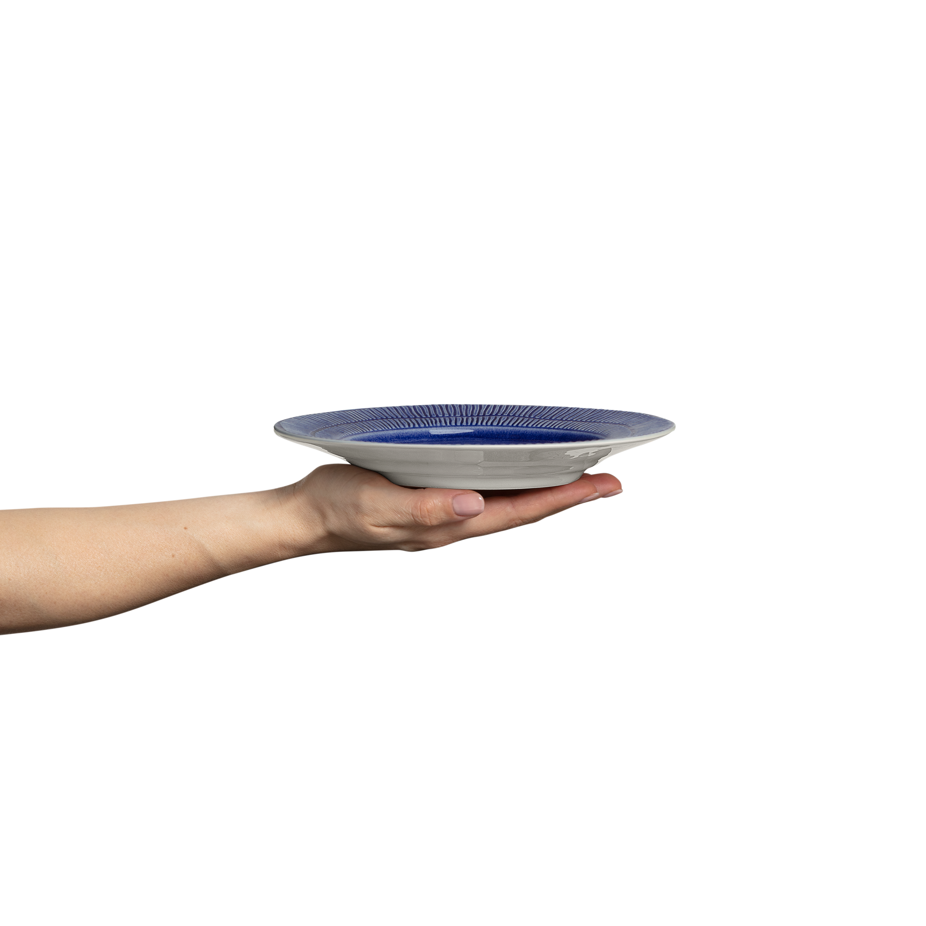 Hand holding a blue eramic plate against a white background