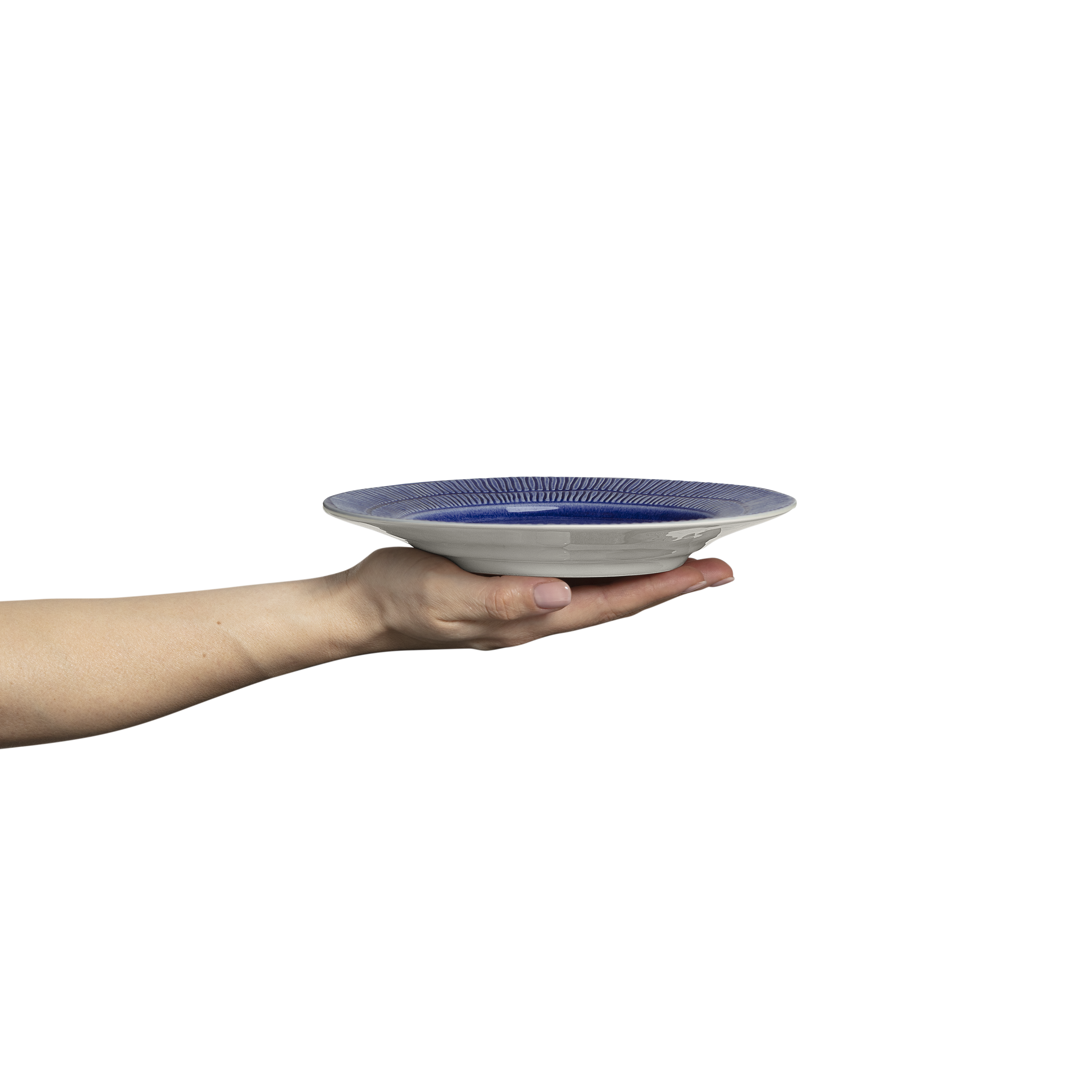 Hand holding a blue eramic plate against a white background