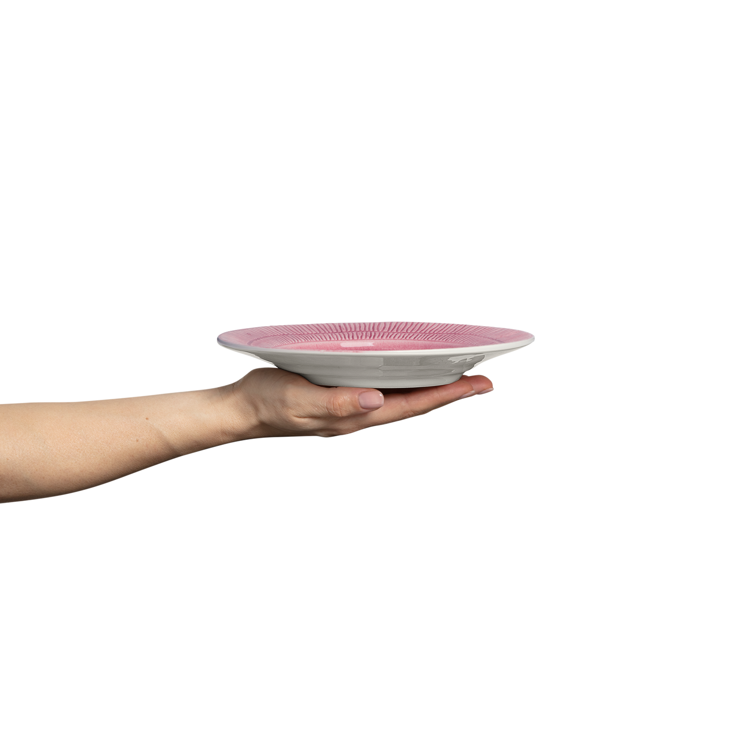 Hand holding a pink and white ceramic plate against a white background