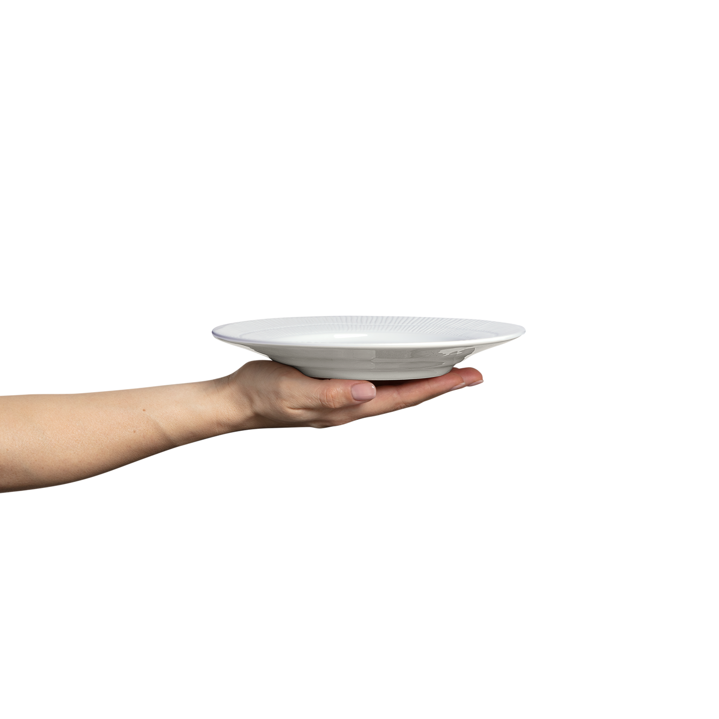 


Hand holding a white plate against a white background