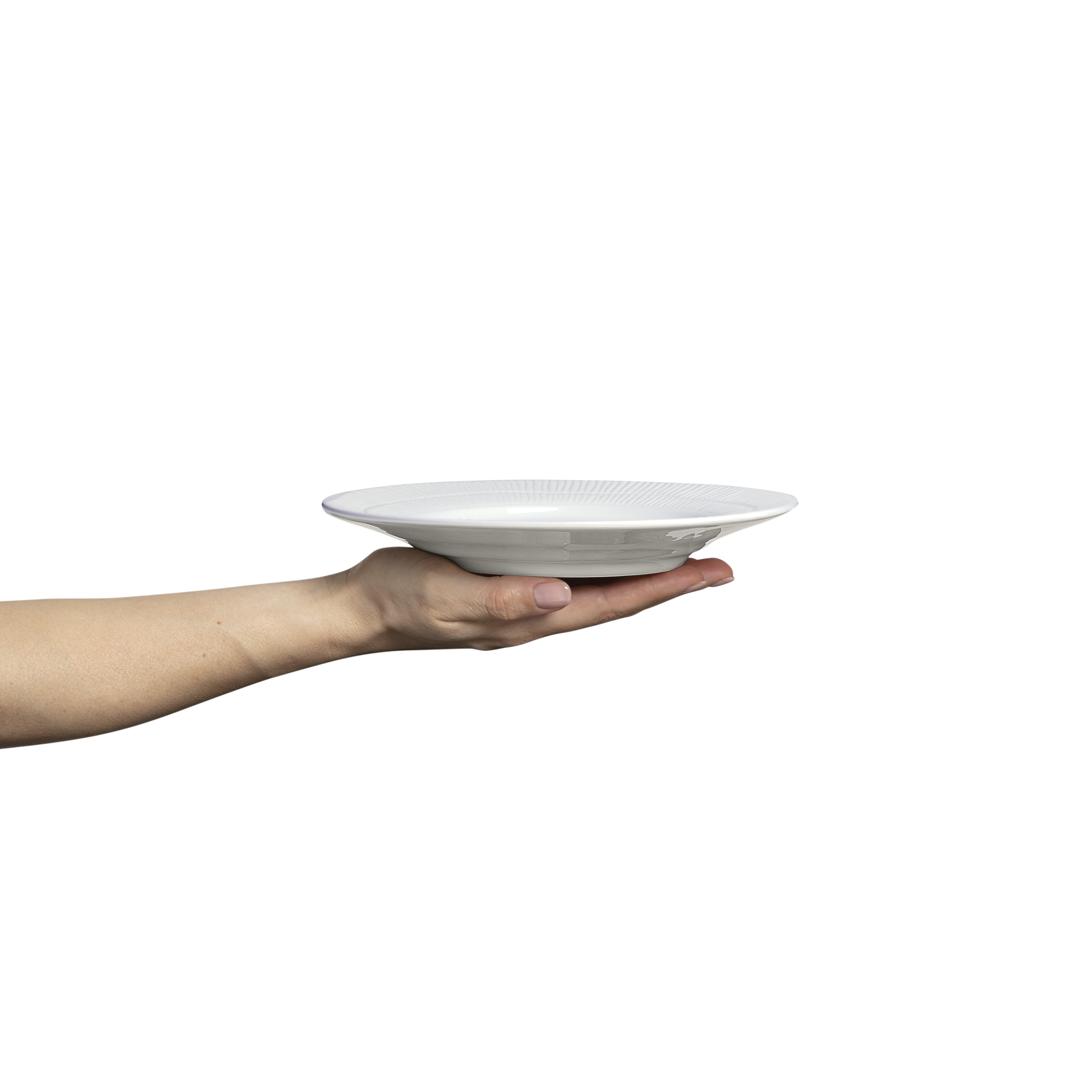 


Hand holding a white plate against a white background