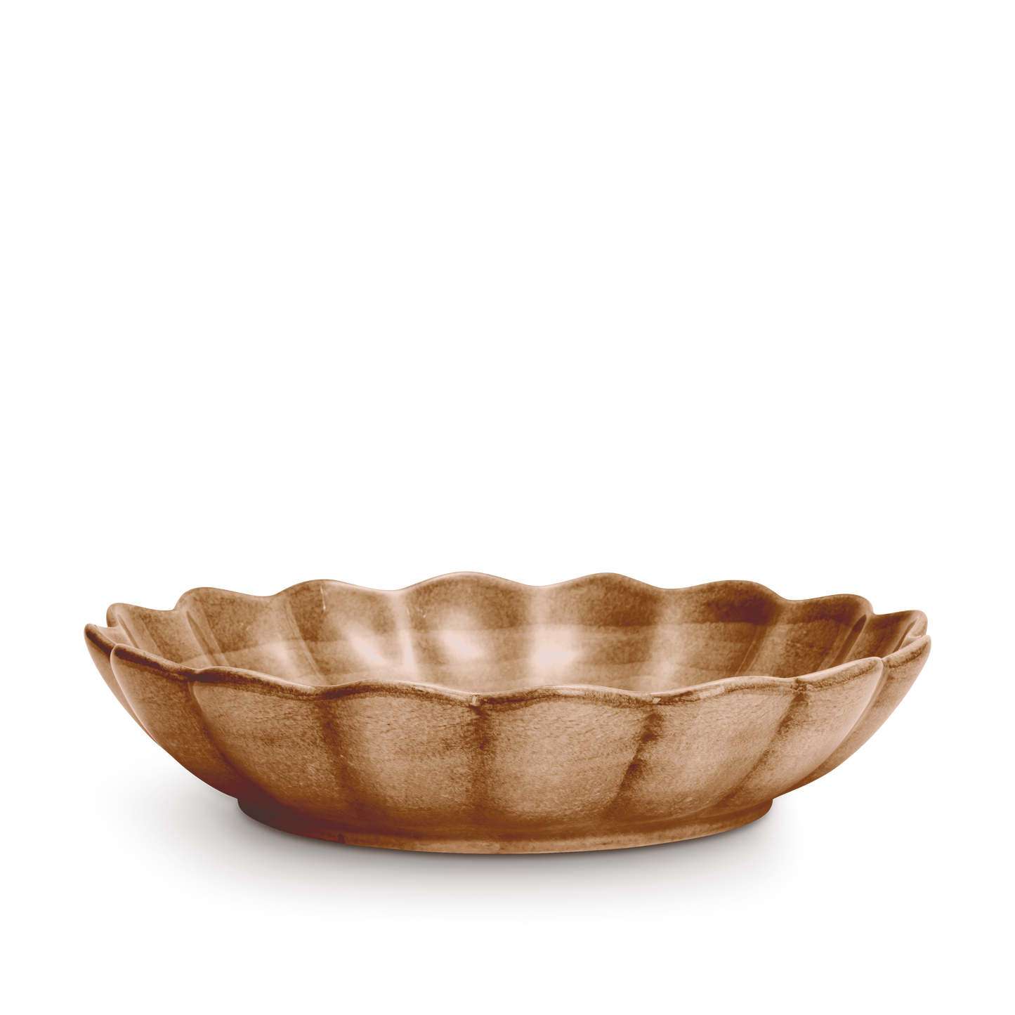 Brown ceramic bowl with wavy edge on a white background