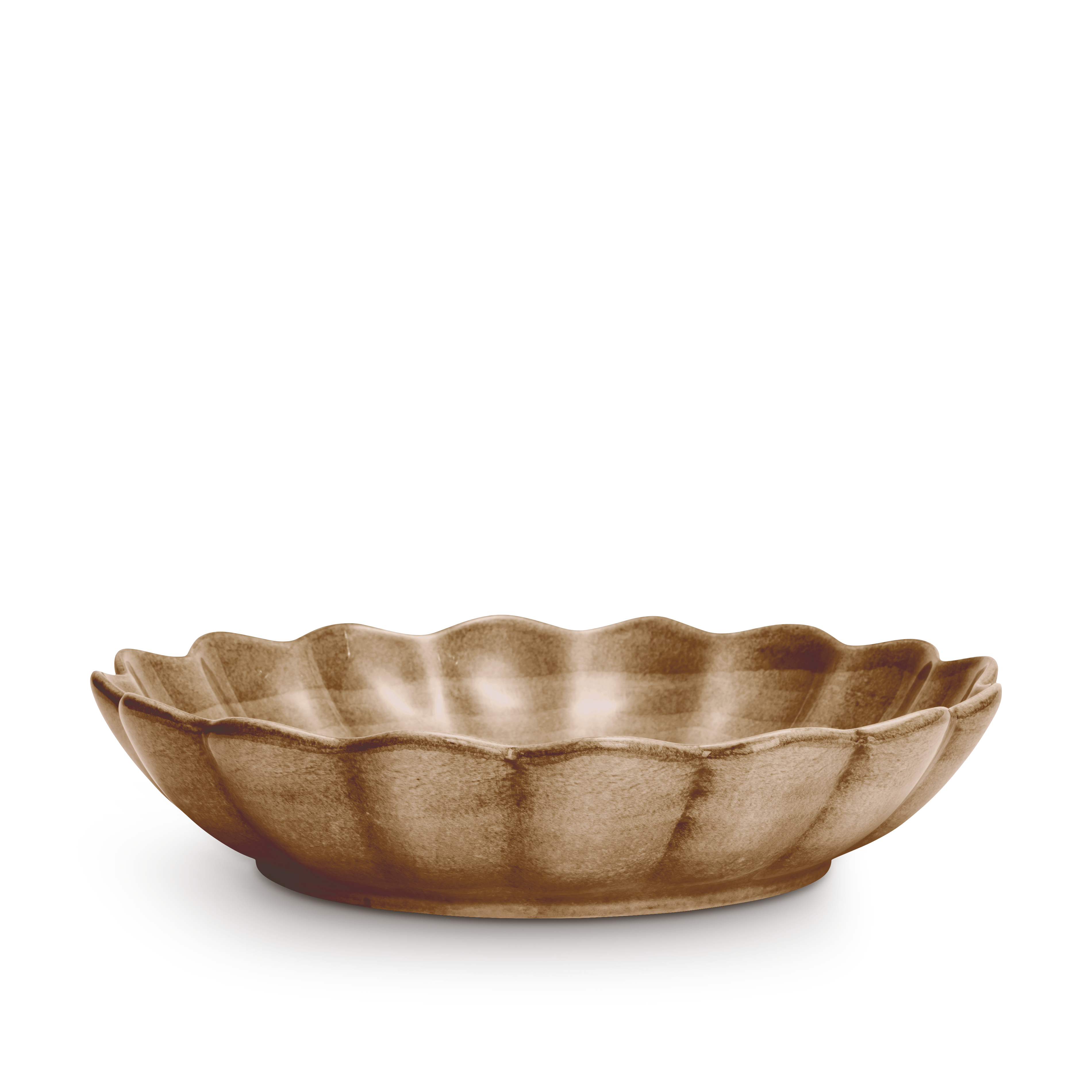 Brown ceramic bowl with wavy edge on a white background
