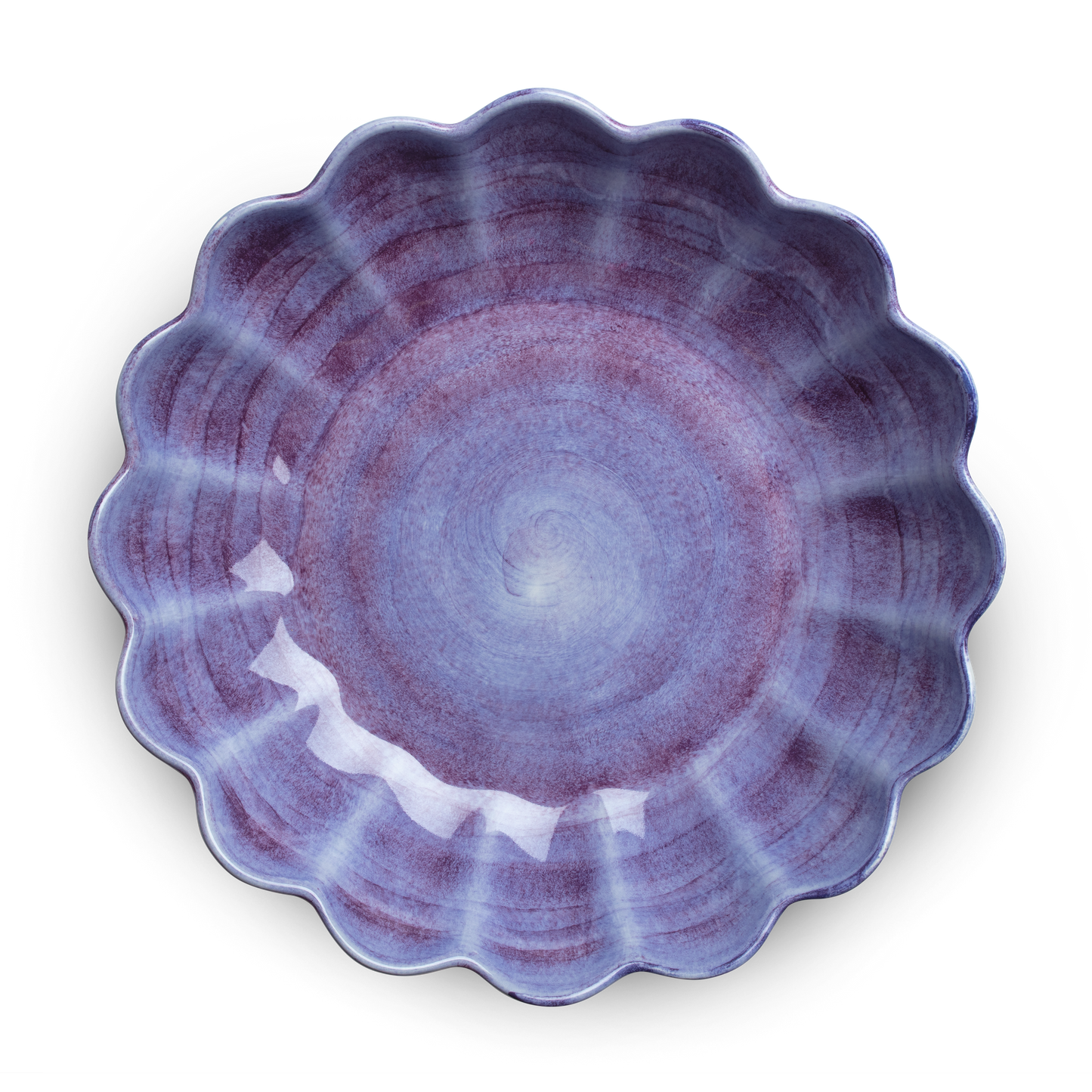 Decorative purple ceramic plate with scalloped edge on a white background