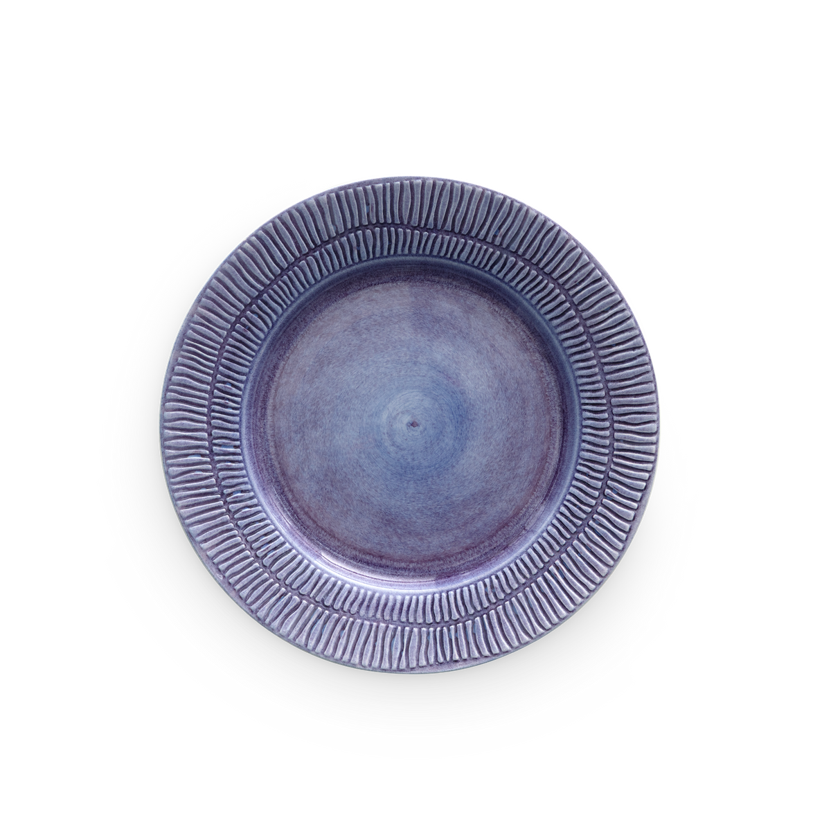 Purple ceramic plate with textured rim on a white background