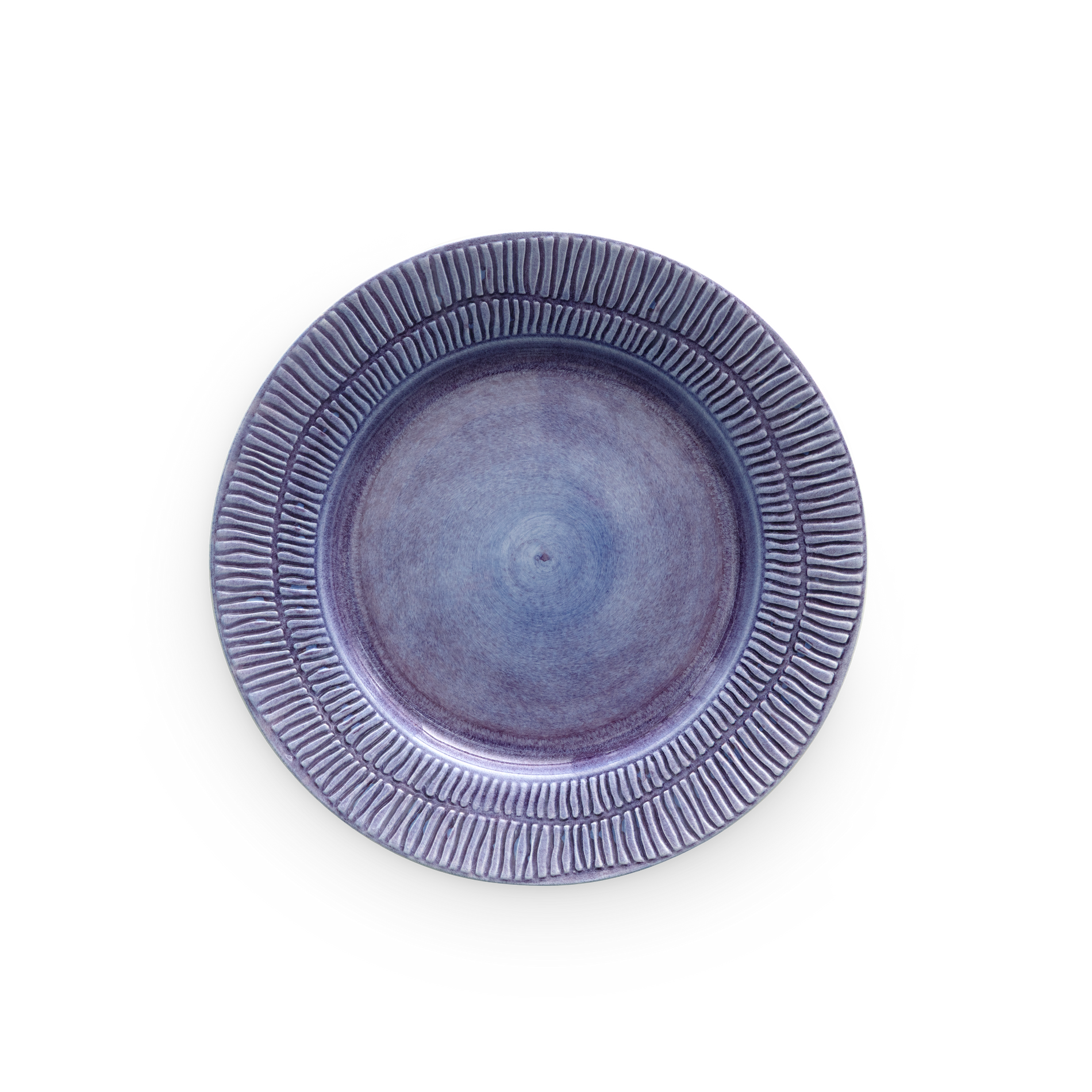 Purple ceramic plate with textured rim on a white background